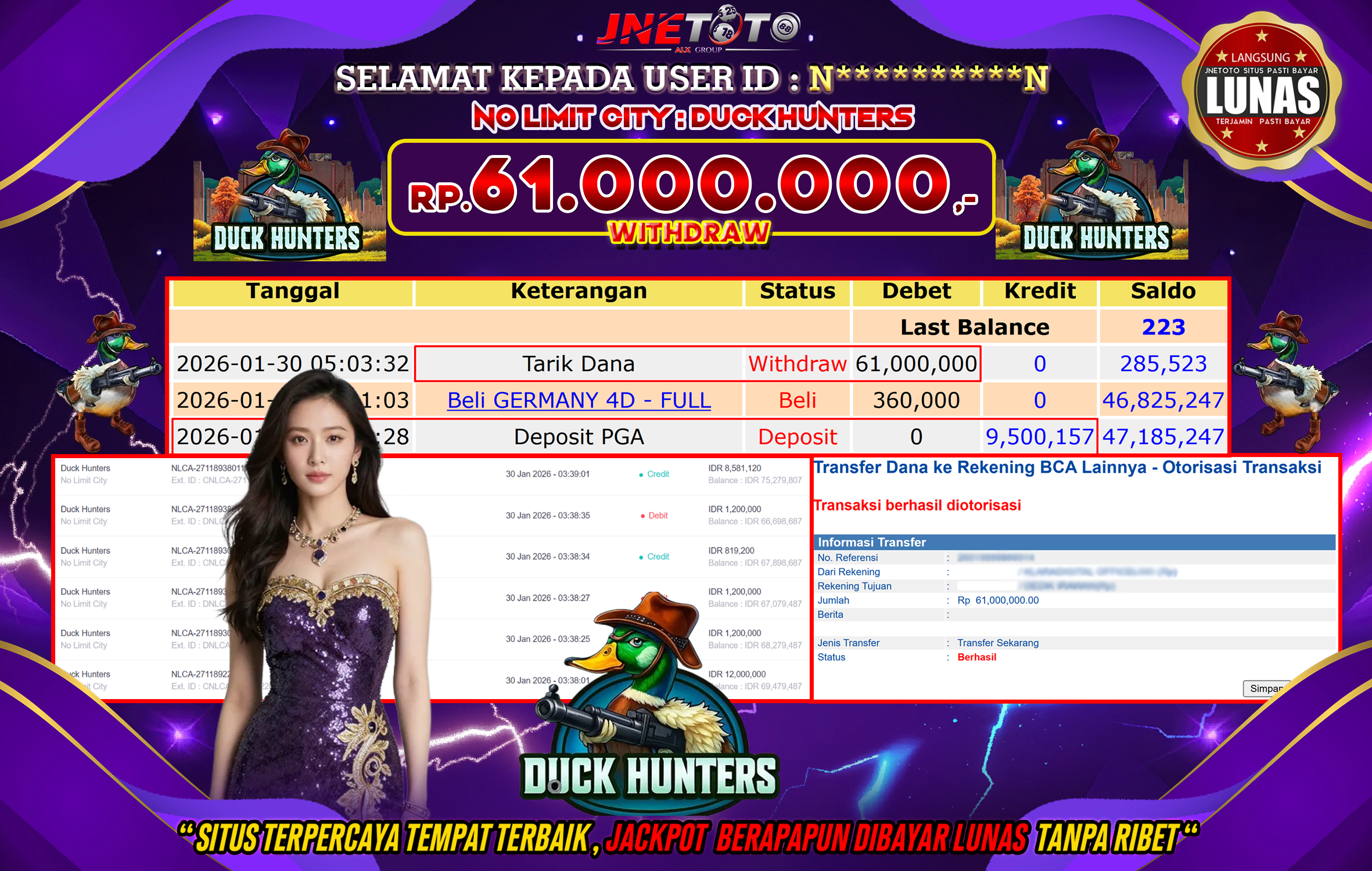 Bukti Jackpot JNETOTO di NO LIMIT CITY : Duck Hunter Rp,61.000.000 LUNAS!