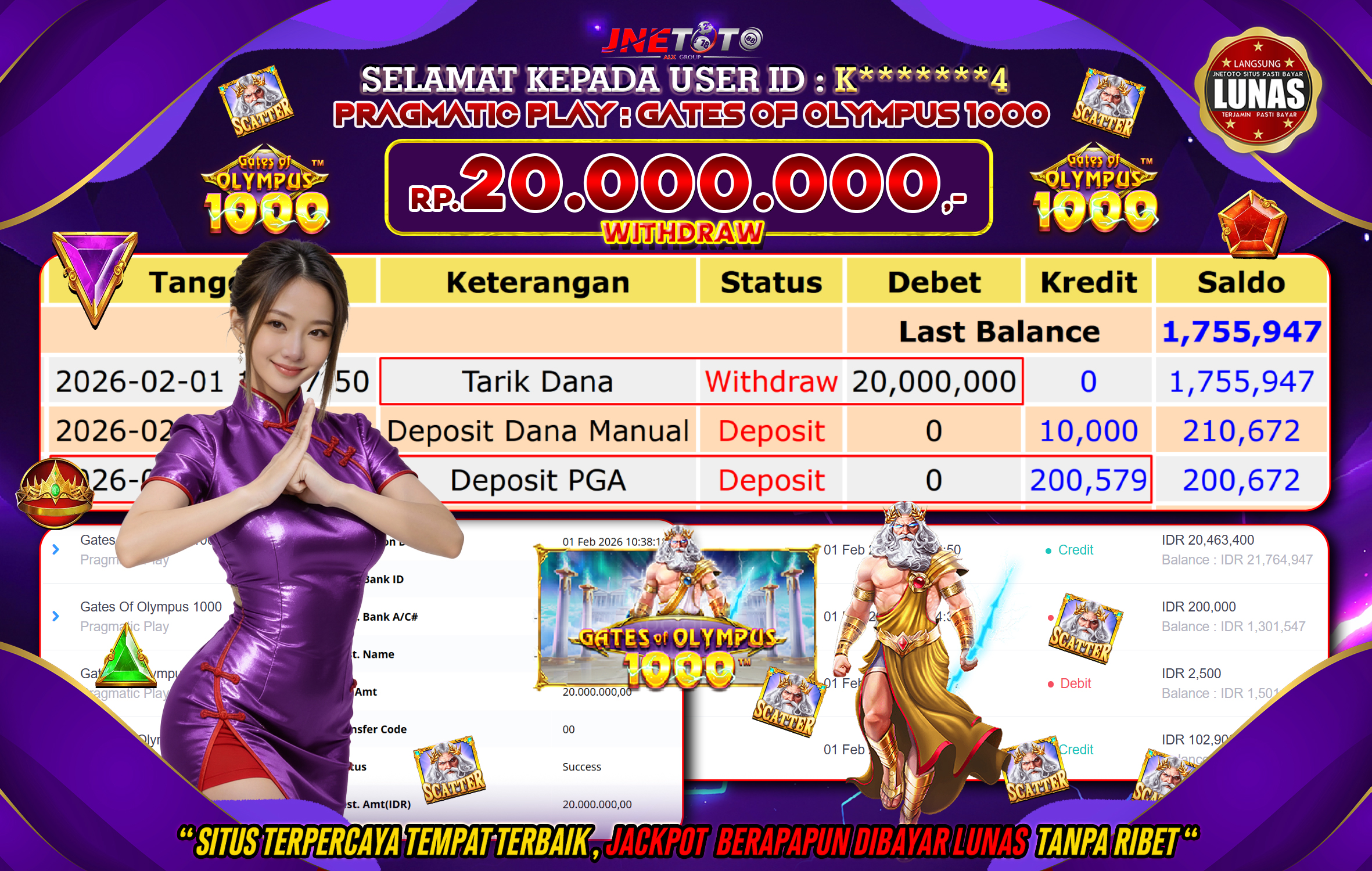 Bukti Jackpot JNETOTO di PRAGMATIC PLAY : Gates Of Olympus 1000 Rp,20.000.000 LUNAS!