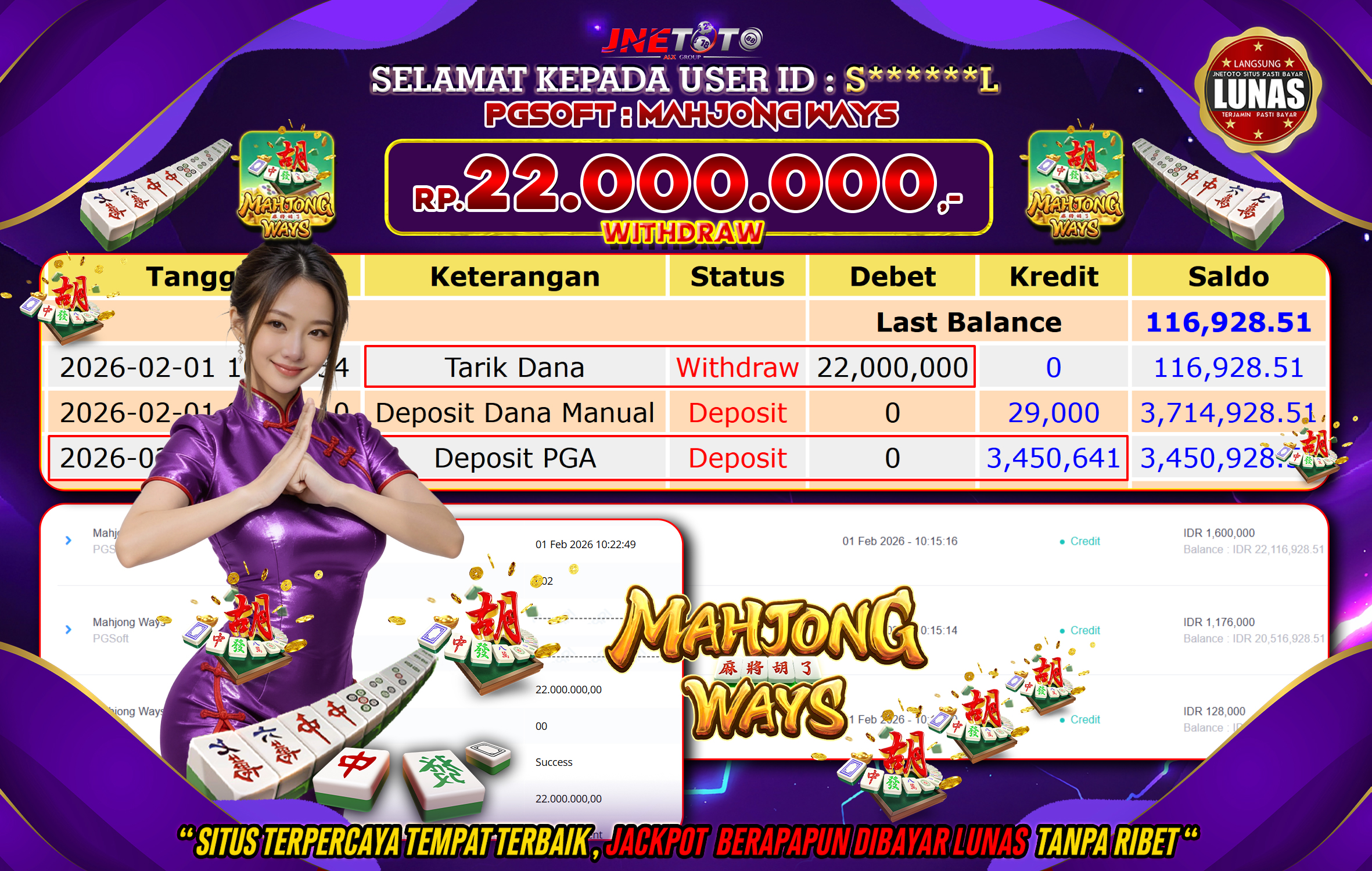 Bukti Jackpot JNETOTO di PGSOFT : Mahjong Ways Rp,22.000.000 LUNAS!