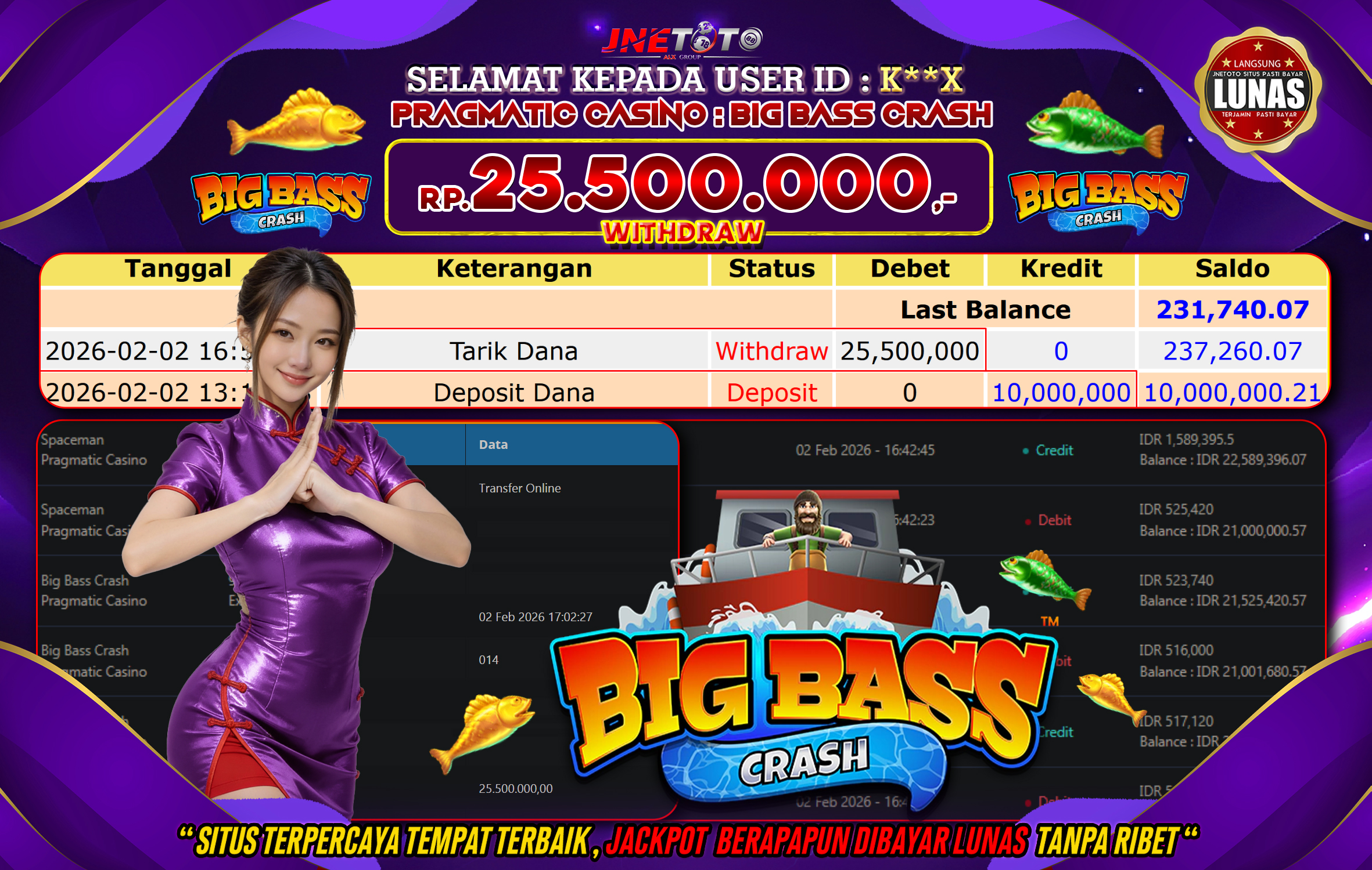 Bukti Jackpot JNETOTO di PRAGMATIC CASINO : Big Bass Crash Rp,25.500.000 LUNAS!