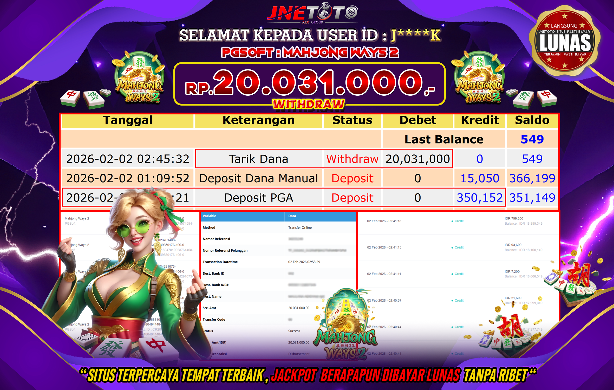 Bukti Jackpot JNETOTO di PGSOFT : Mahjong Ways 2 Rp,20.031.000 LUNAS!
