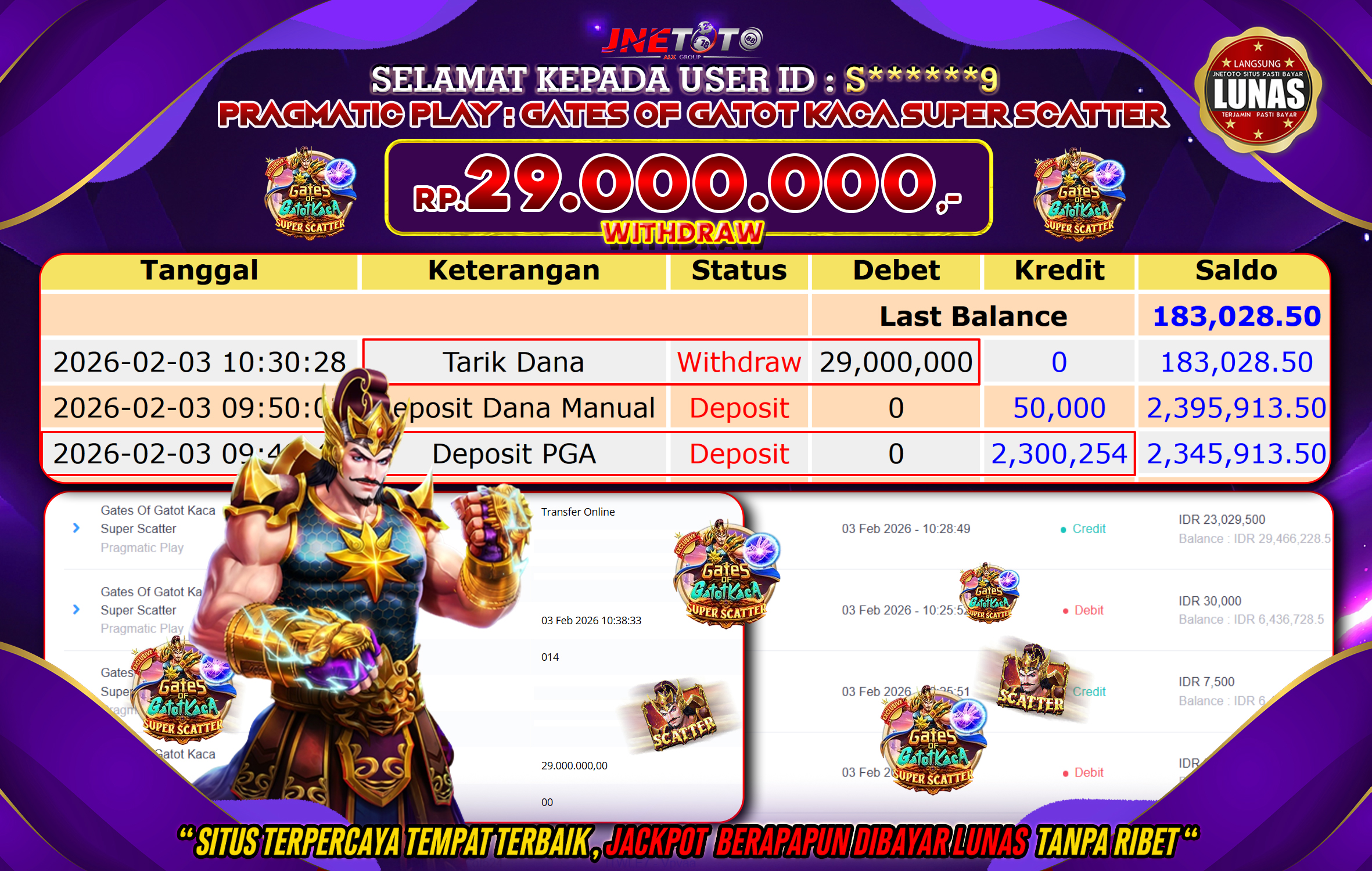 Bukti Jackpot JNETOTO di PRAGMATIC PLAY : Gates Of Gatot Kaca Super Scatter Rp,29.000.000 LUNAS!