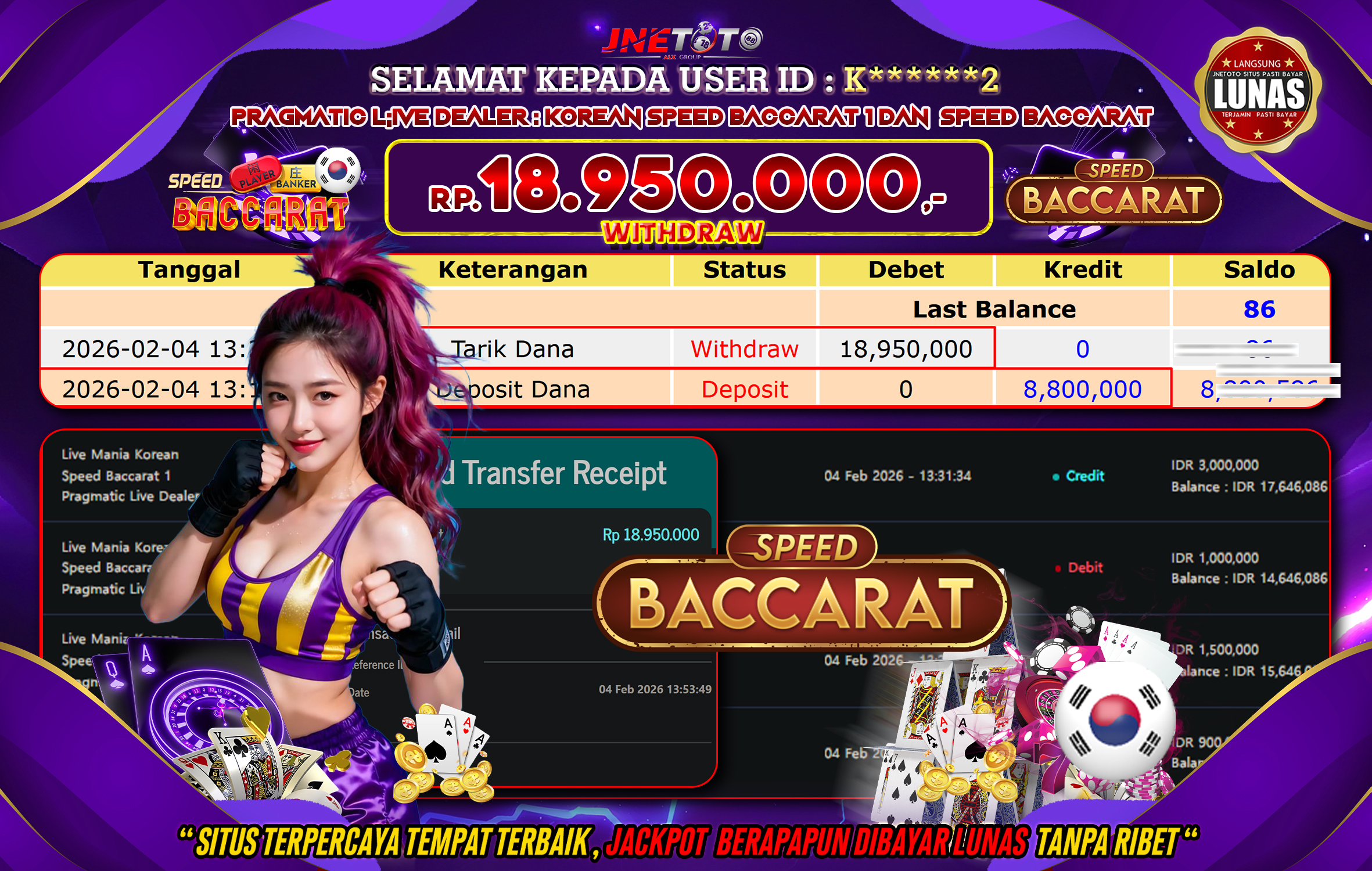 Bukti Jackpot JNETOTO di PRAGMATIC LIVE DEALER : Korean Speed Baccarat 1 Dan Speed Baccarat Rp,18.950.000 LUNAS!