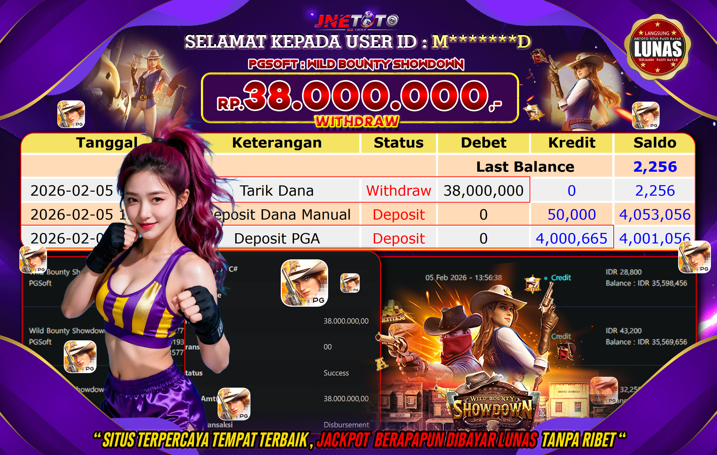 Bukti Jackpot JNETOTO di PGSOFT : Wild Bounty Showdown Rp,38.000.000 LUNAS!
