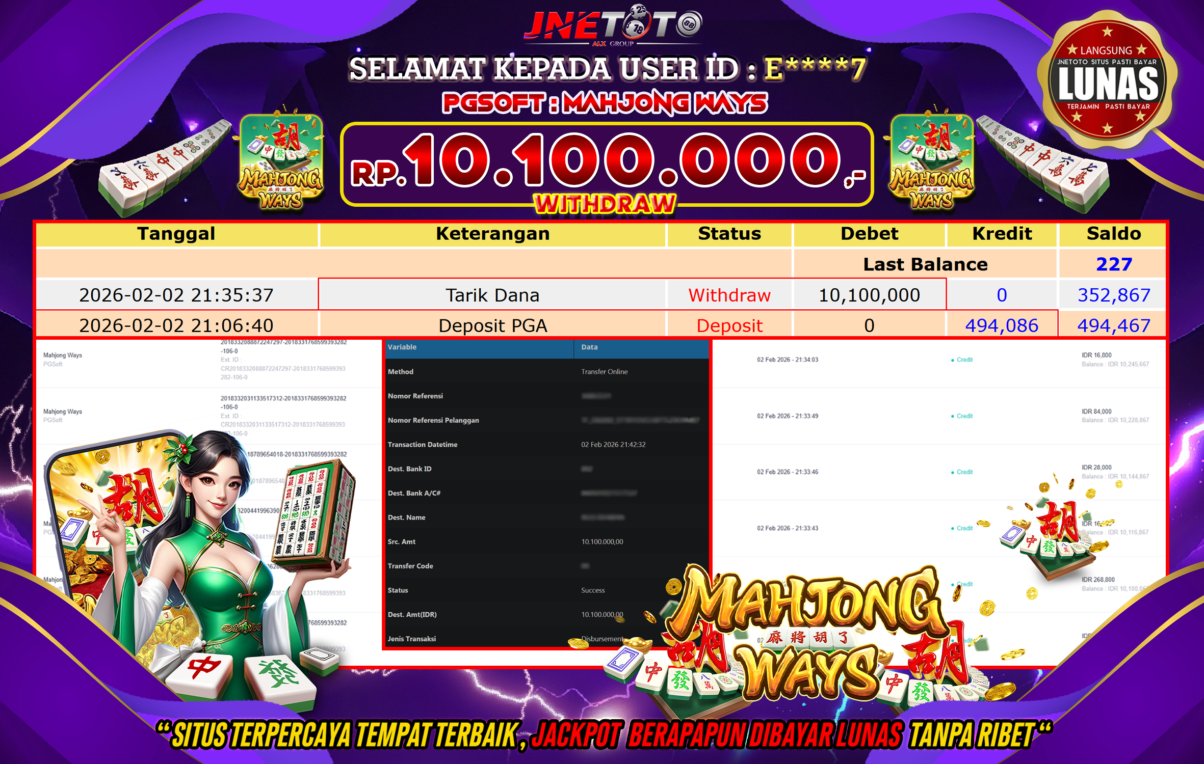 Bukti Jackpot JNETOTO di PGSOFT : Mahjong Ways Rp,10.100.000 LUNAS!