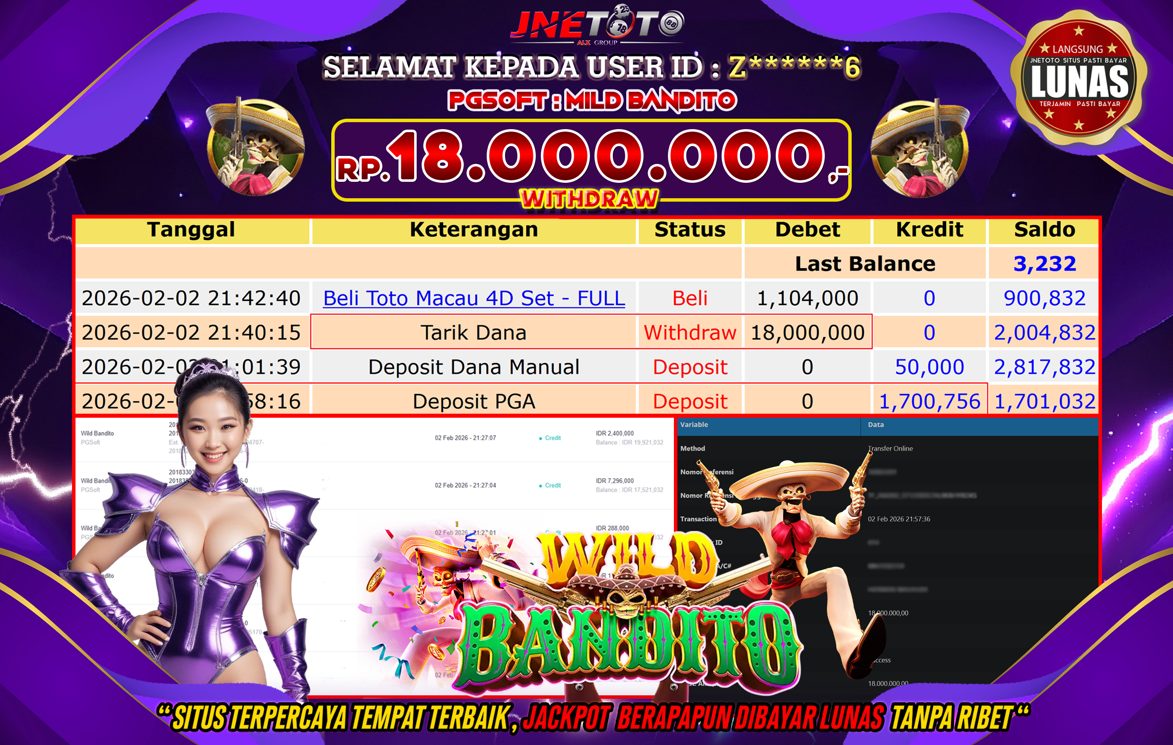 Bukti Jackpot JNETOTO di PGSOFT : Wild Bandito Rp,18.000.000 LUNAS!