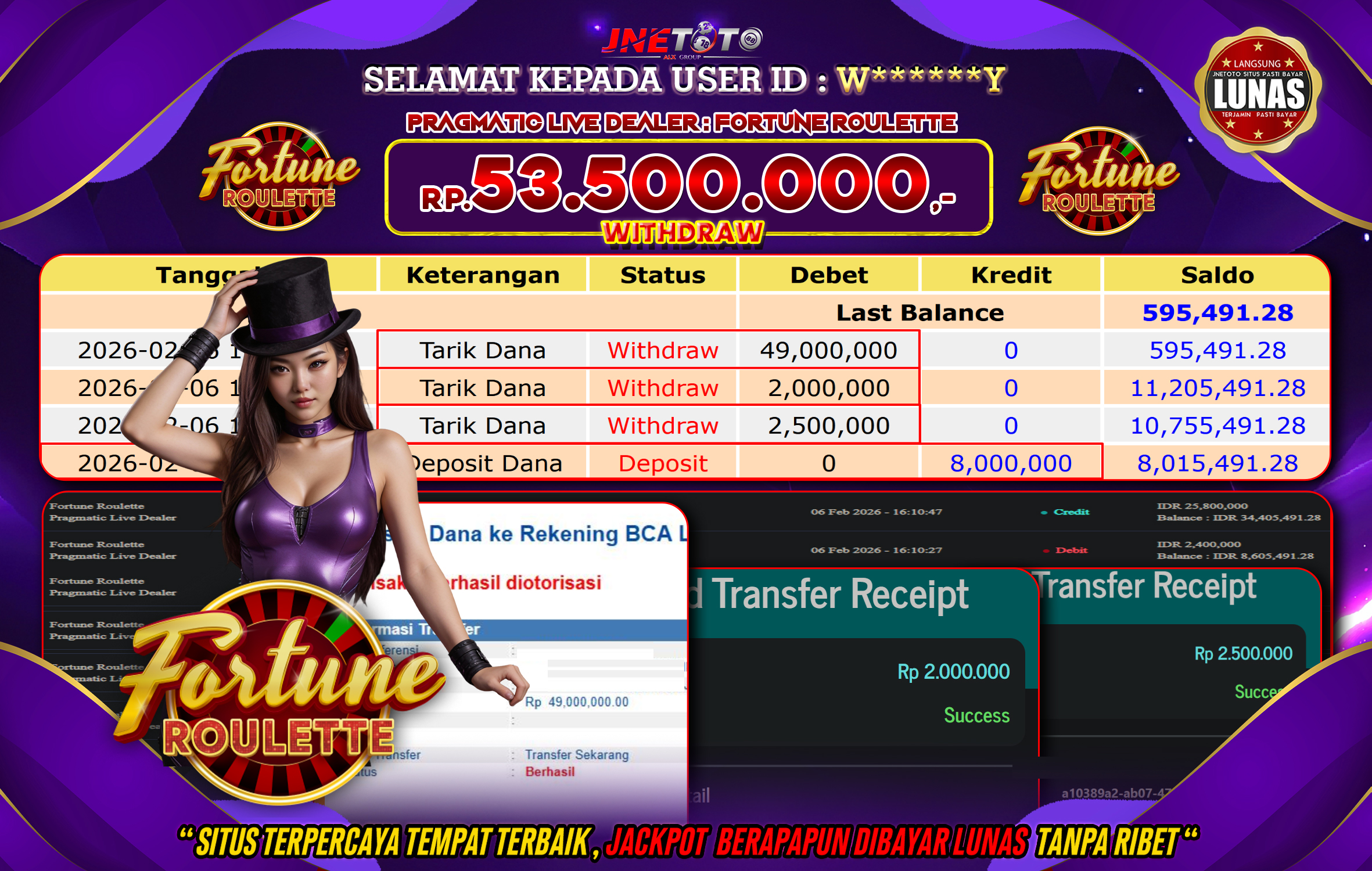 Bukti Jackpot JNETOTO di PRAGMATIC LIVE DEALER : Fortune Roulette Rp,53.500.000 LUNAS!