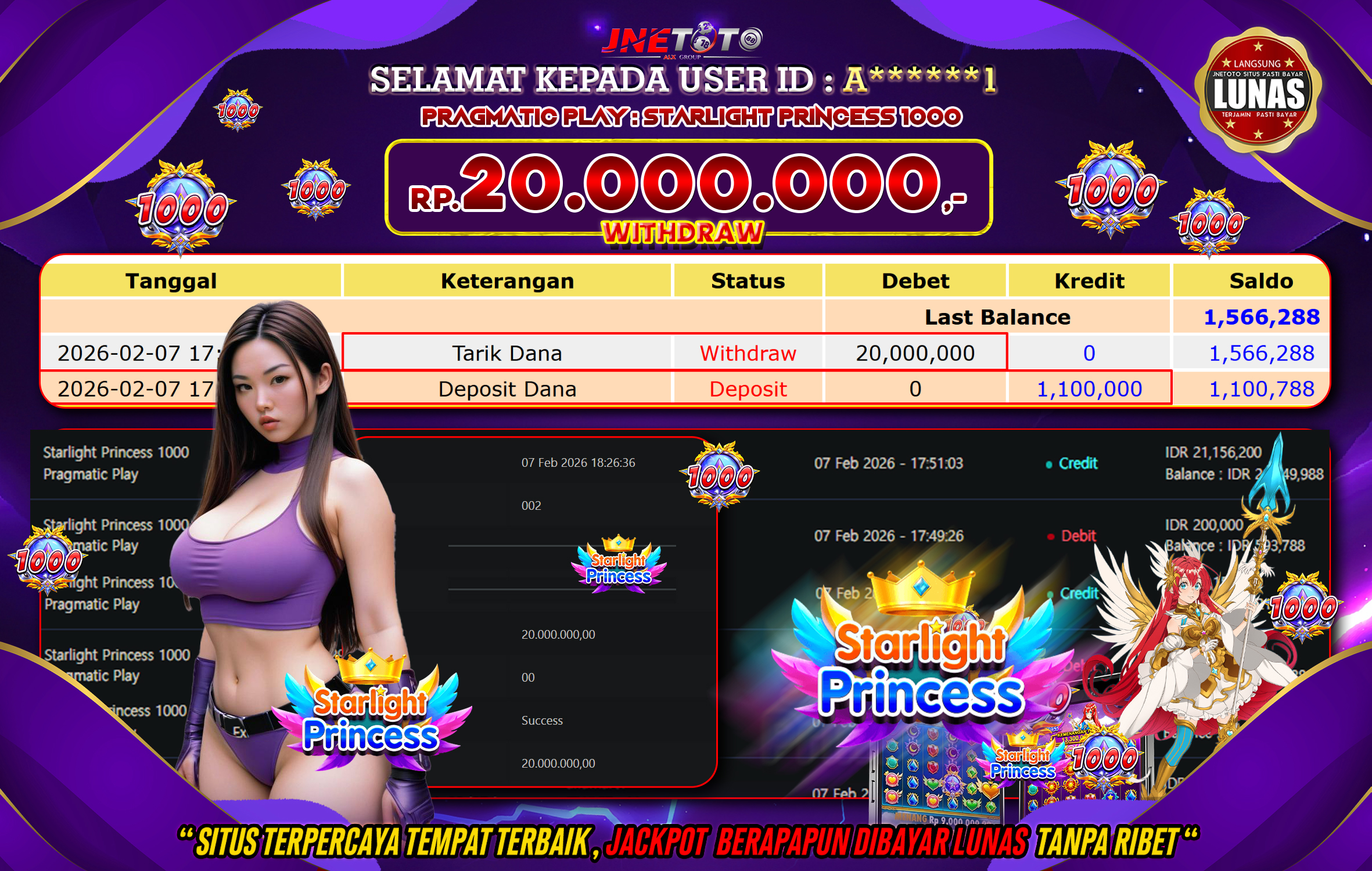 Bukti Jackpot JNETOTO di PRAGMATIC PLAY : Starlight Princess 1000 Rp,20.000.000 LUNAS!