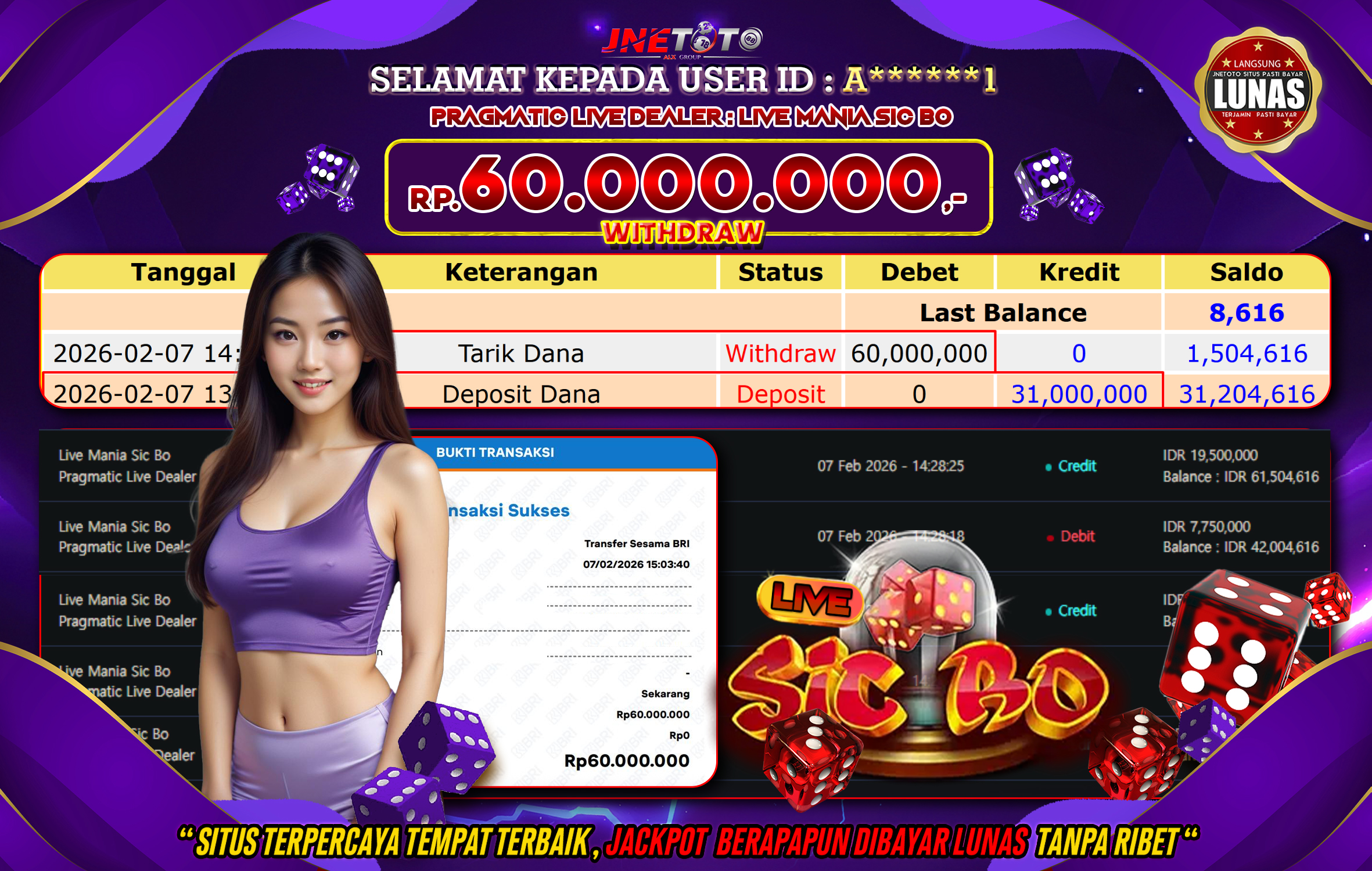 Bukti Jackpot JNETOTO di PRAGMATIC LIVE DEALER : Live Mania Sic Bo Rp,60.000.000 LUNAS!