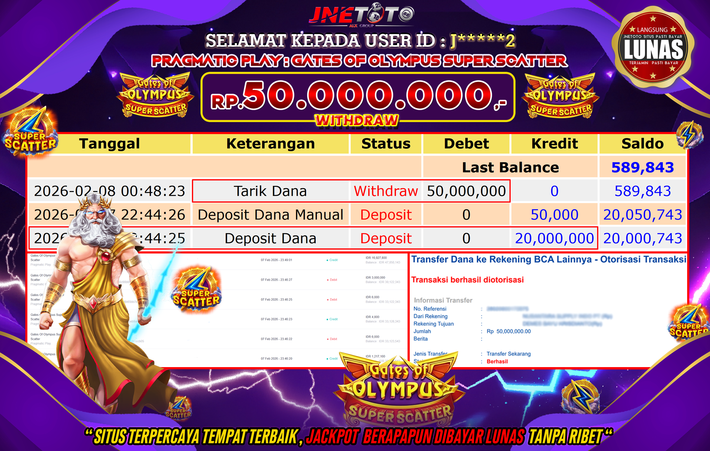 Bukti Jackpot JNETOTO di PRAGMATIC PLAY : Gates Of Olympus Super Scatter Rp,50.000.000 LUNAS!