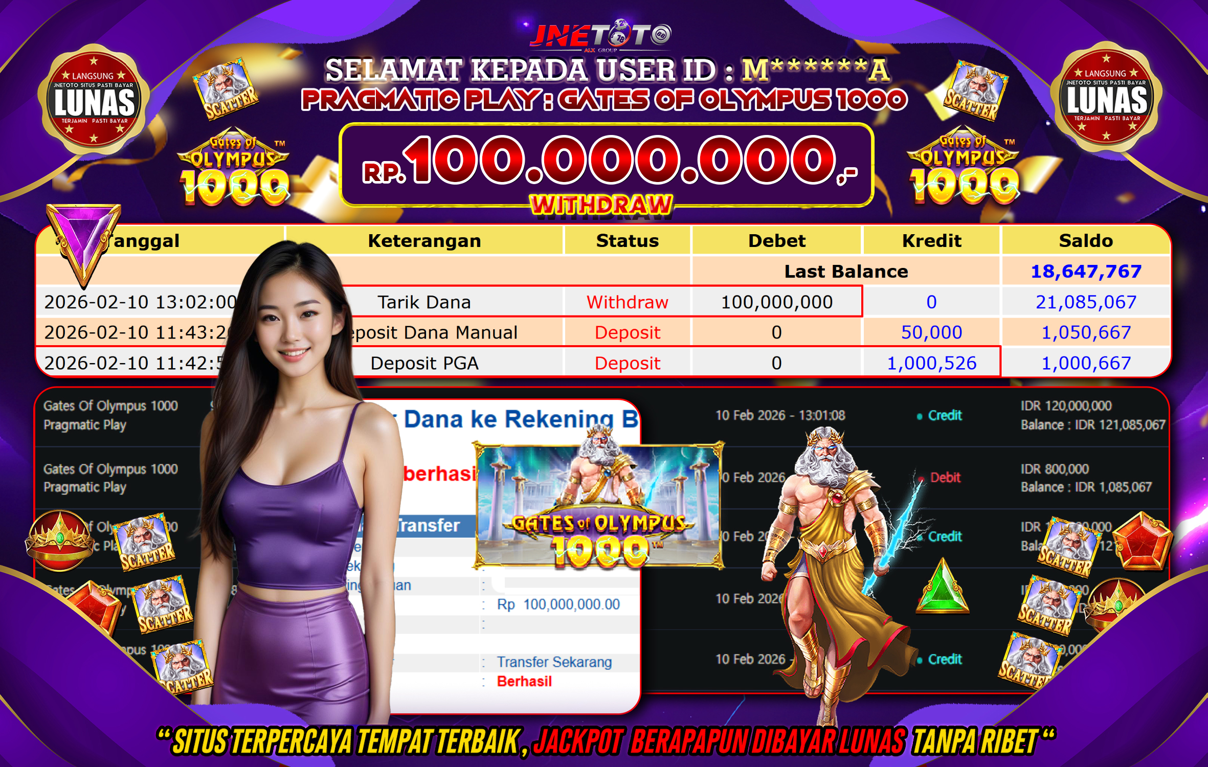 Bukti Jackpot JNETOTO di PRAGMATIC PLAY : Gates of Olympus 1000 Rp,100.000.000 LUNAS!