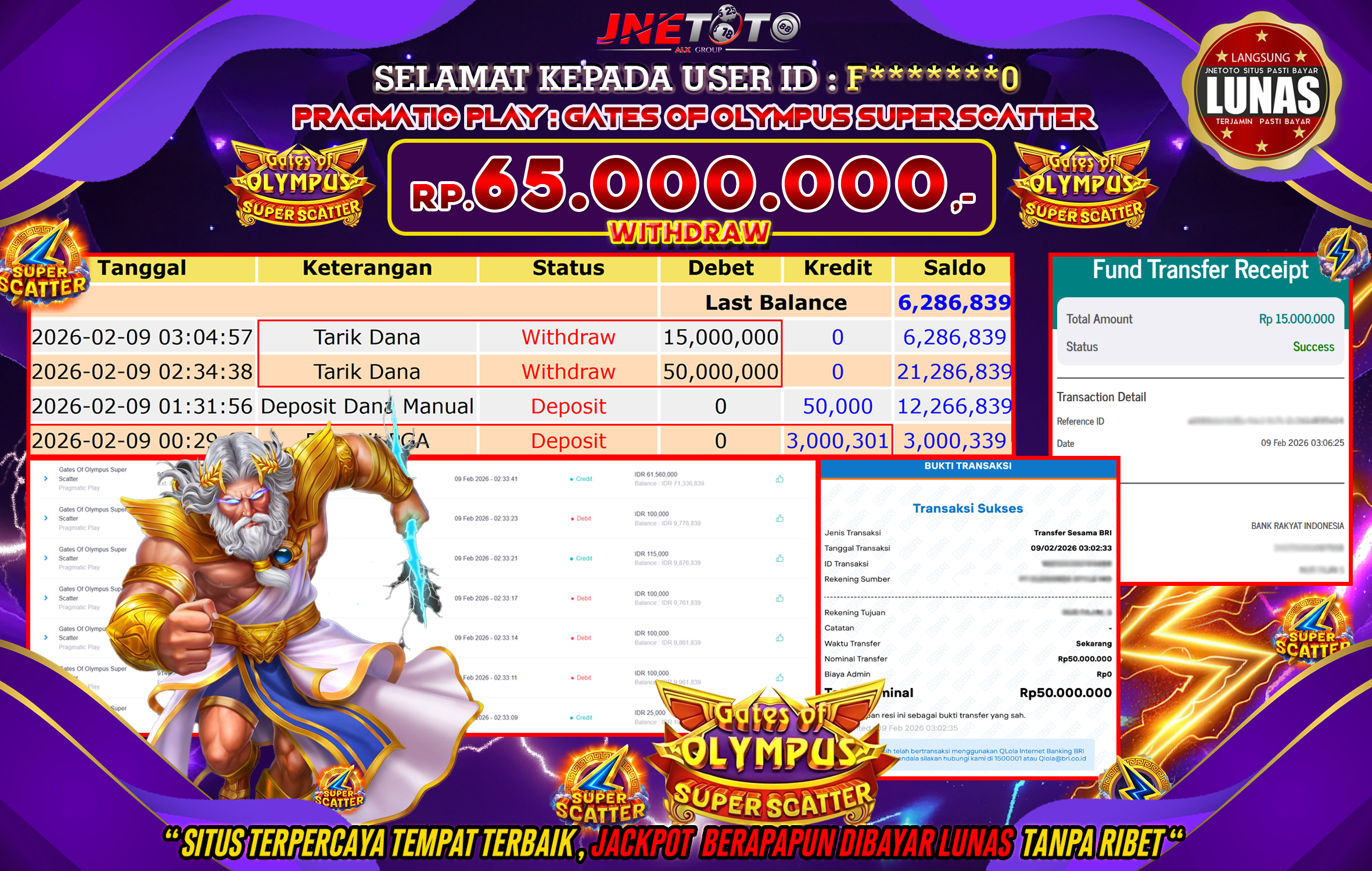 Bukti Jackpot JNETOTO di PRAGMATIC PLAY : Gates Of Olympus Super Scatter Rp,65.000.000 LUNAS!