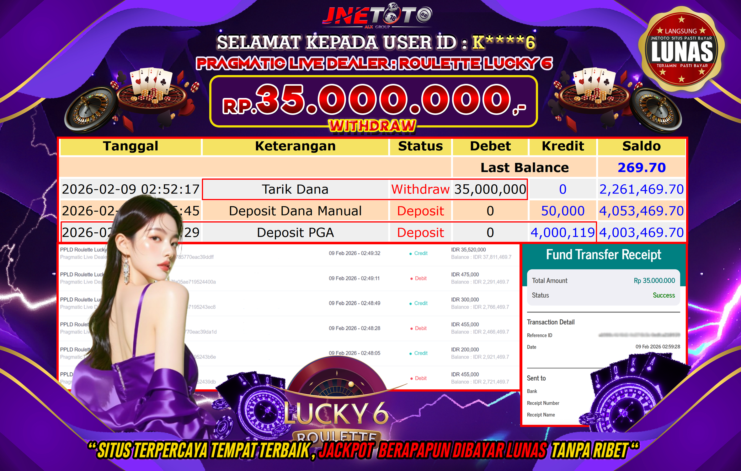 Bukti Jackpot JNETOTO di PRAGMATIC LIVE DEALER : Roulette Lucky 6 Rp,35.000.000 LUNAS!
