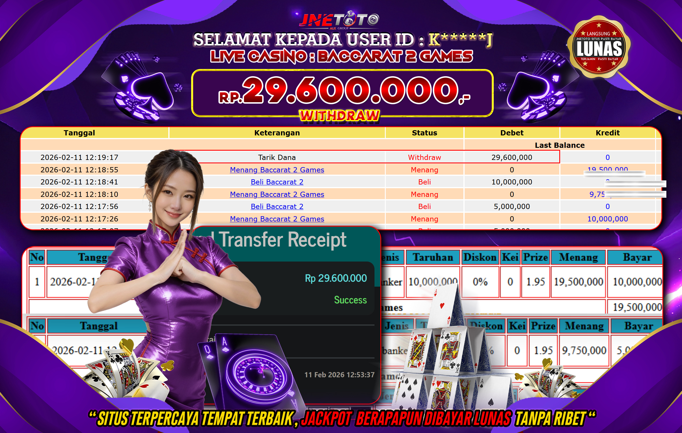 Bukti Jackpot JNETOTO di LIVE CASINO : Baccarat 2 Games Rp,29.600.000 LUNAS!