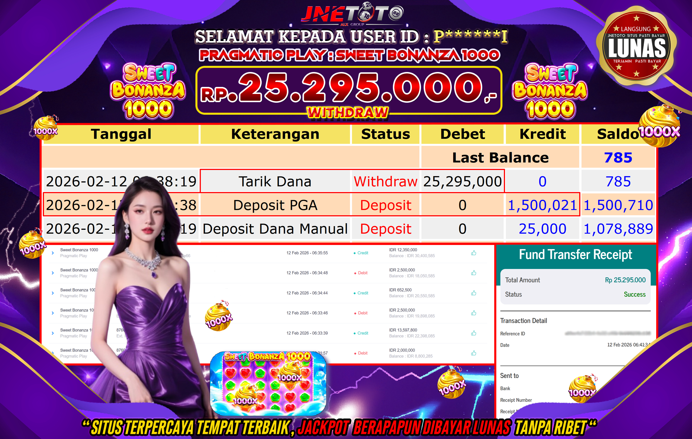 Bukti Jackpot JNETOTO di PRAGMATIC PLAY : Sweet Bonanza 1000 Rp,25.295.000 LUNAS!
