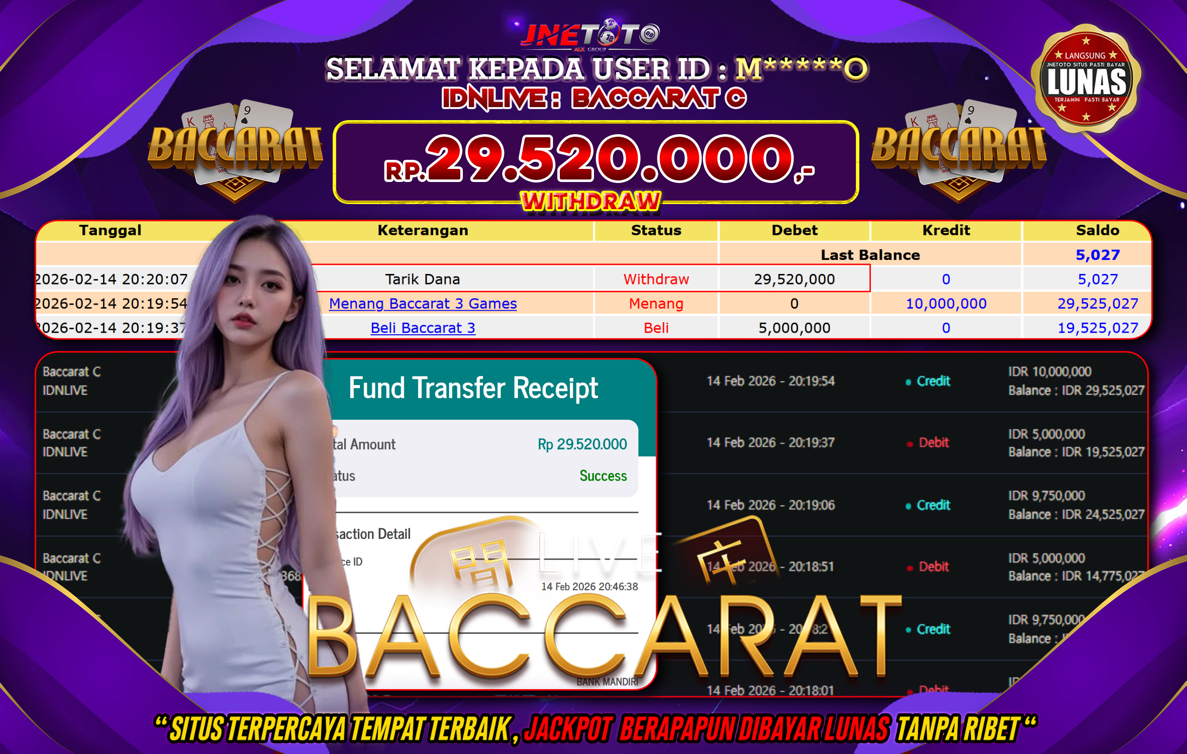Bukti Jackpot JNETOTO di IDN LIVE : Baccarat o Rp,29.520.000 LUNAS!
