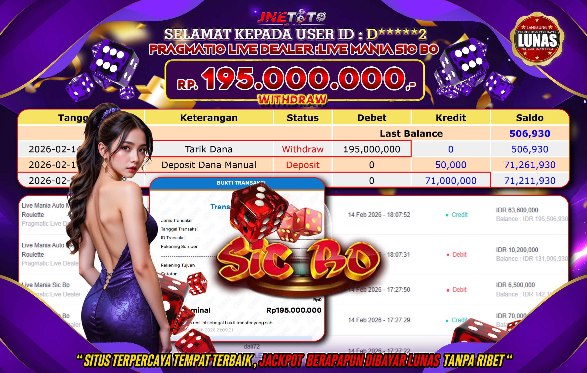 Bukti Jackpot JNETOTO di PRAGMATIC LIVE DEALER : Live Mania Sic Bo Rp,195.000.000 LUNAS!
