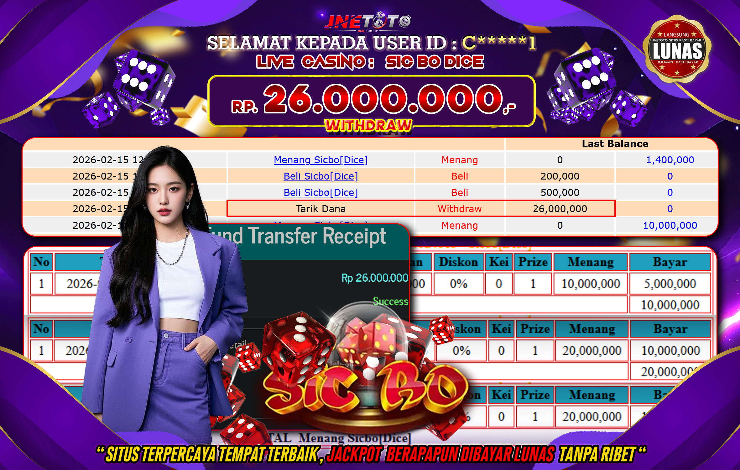 Bukti Jackpot JNETOTO di LIVE CASINO : Sic Bo Dice Rp,26.000.000 LUNAS!