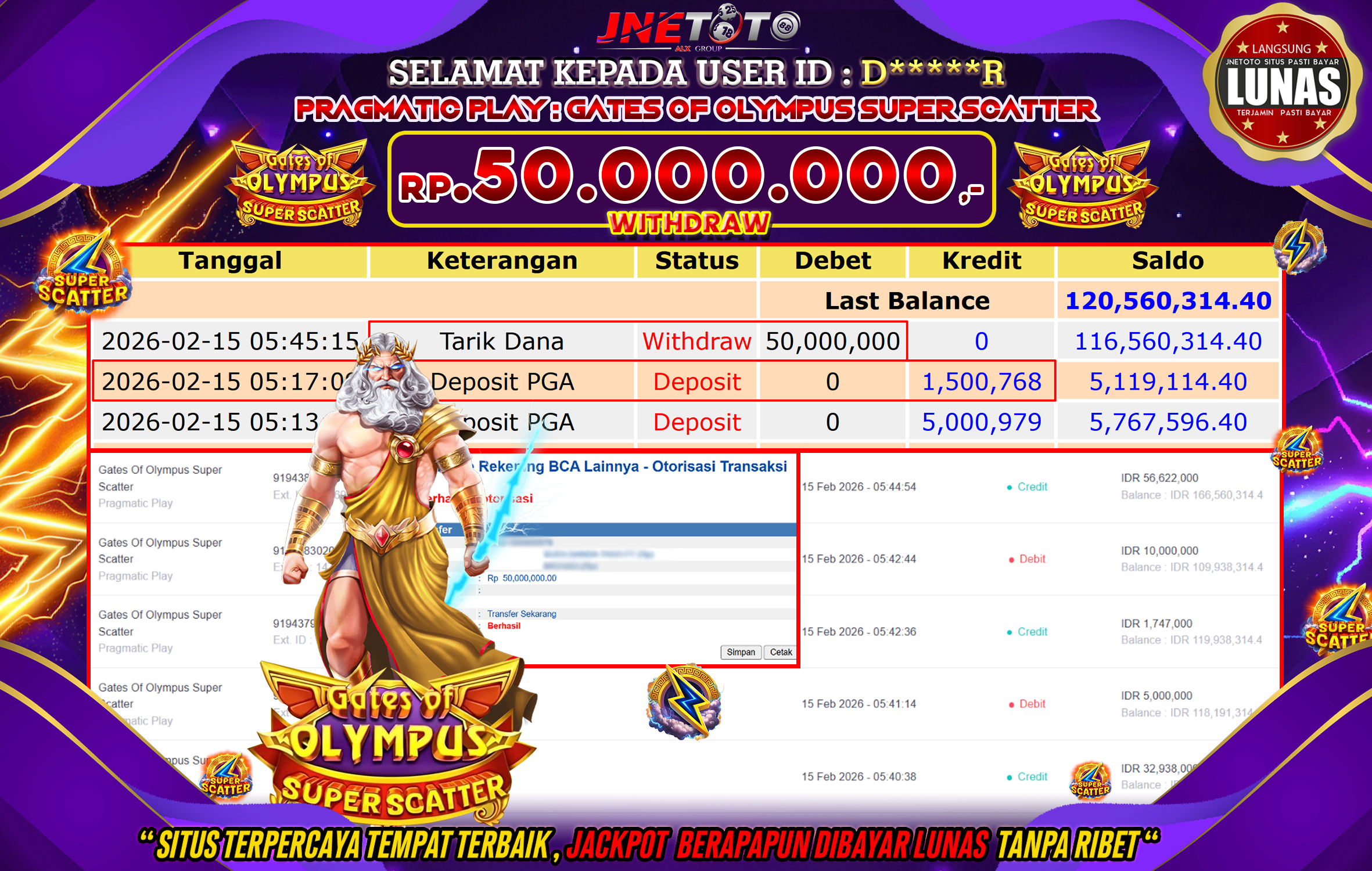 Bukti Jackpot JNETOTO di PRAGMATIC PLAY : Gates Of Olympus Super Scatter Rp,50.000.000 LUNAS!