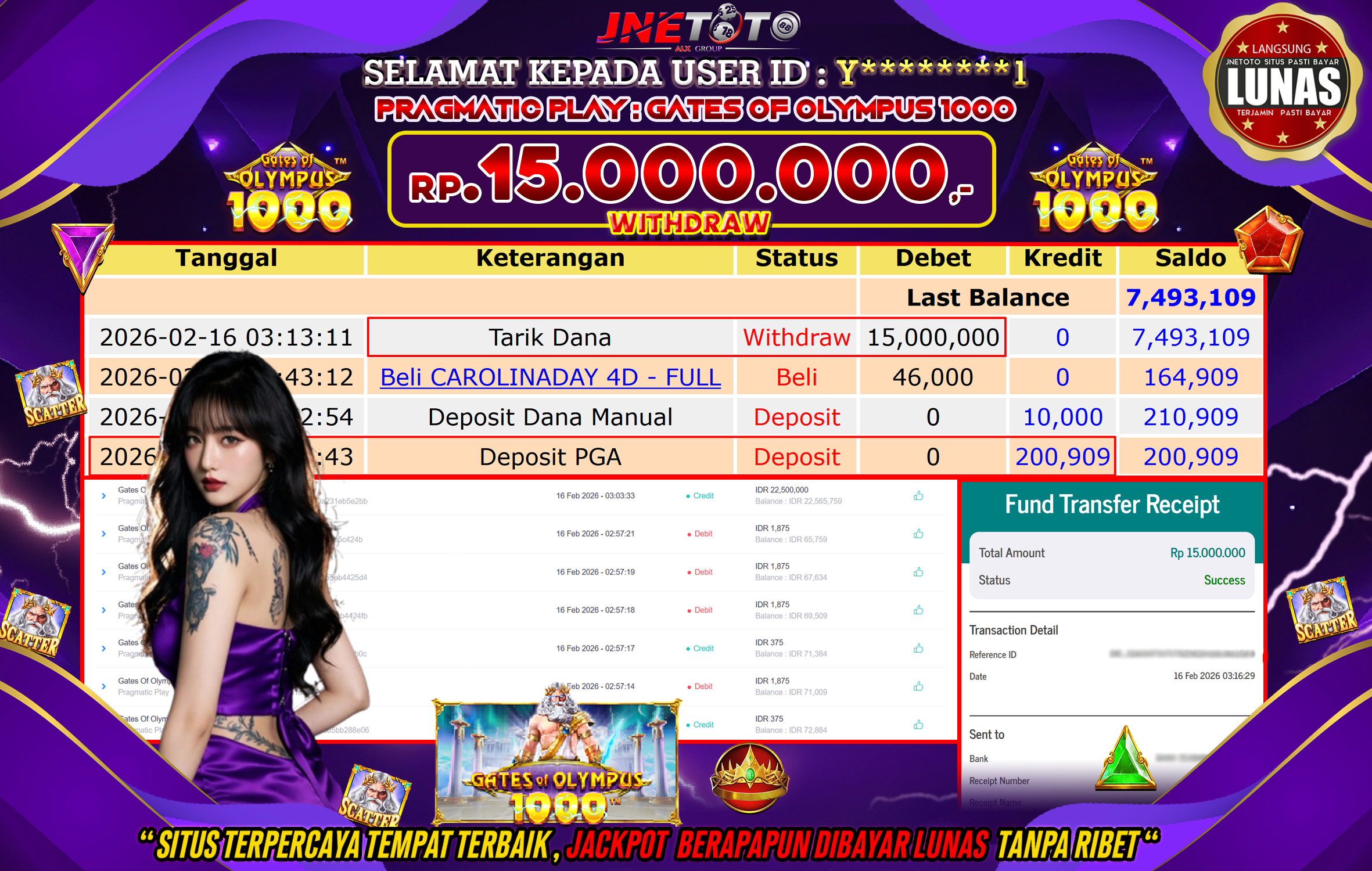 Bukti Jackpot JNETOTO di PRAGMATIC PLAY : Gates Of Olympus 1000 Rp,15.000.000 LUNAS!