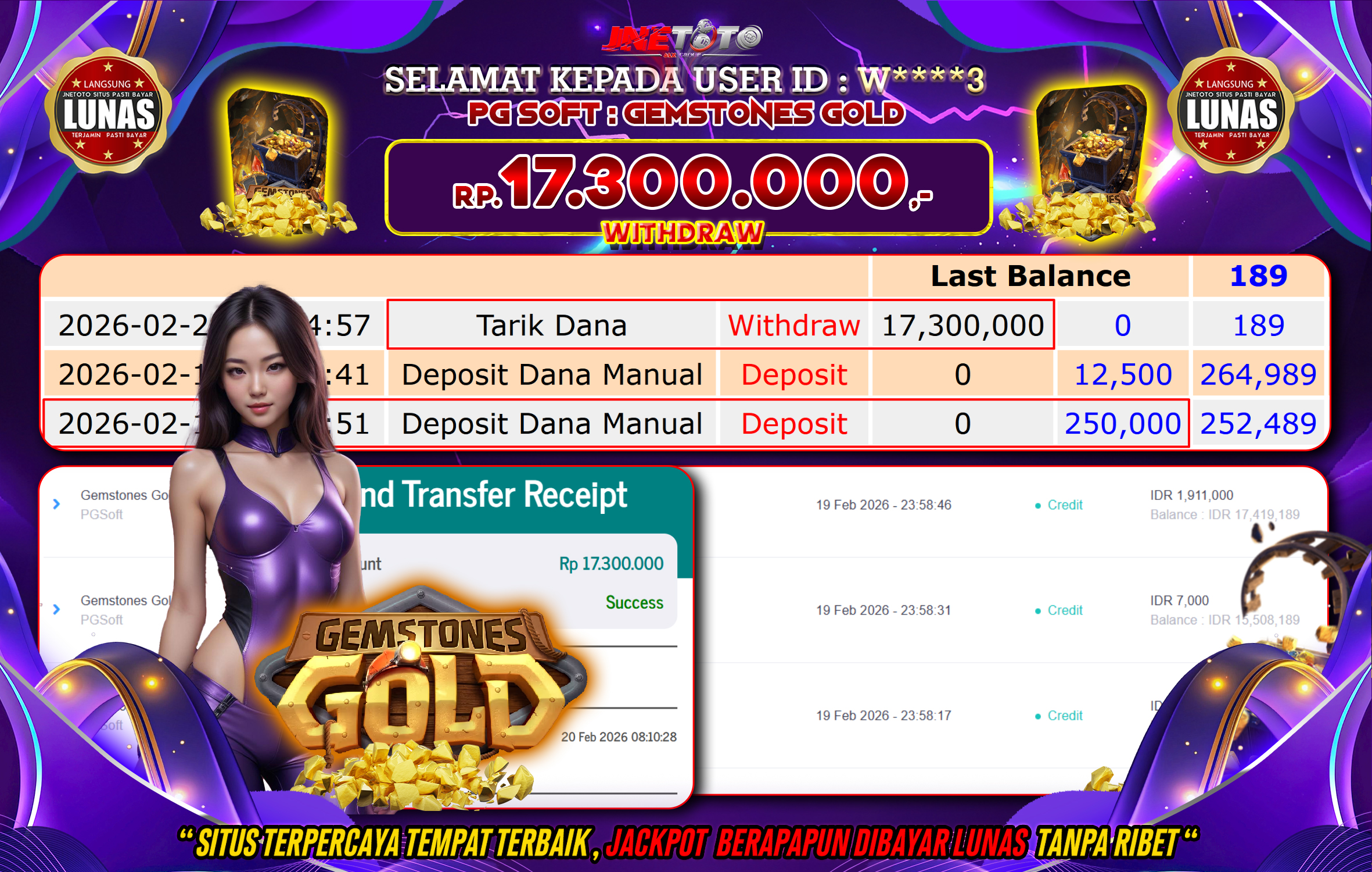 Bukti Jackpot JNETOTO di PGSOFT : GEMSTONES GOLD Rp,17.300.000 LUNAS!