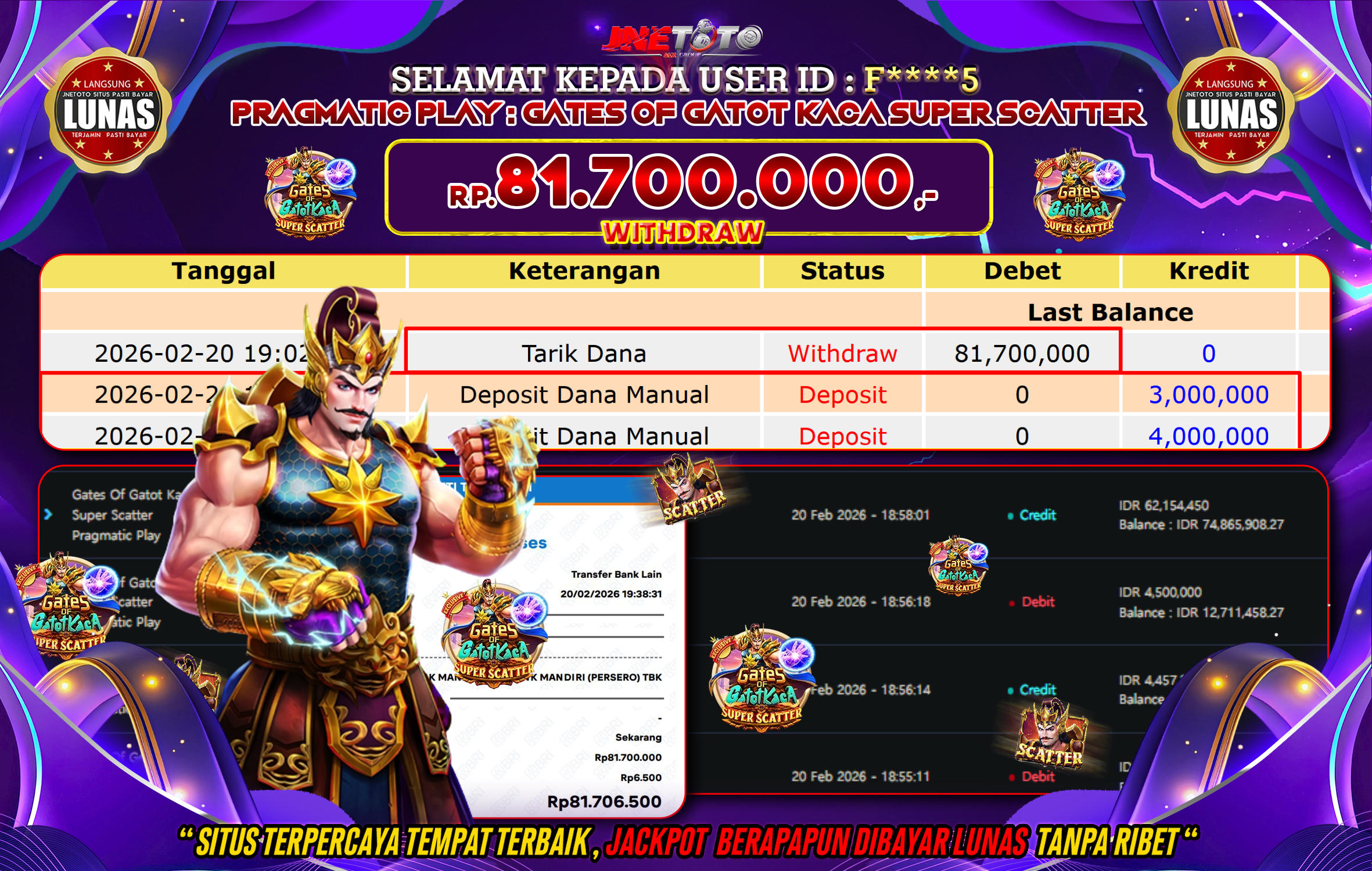 Bukti Jackpot JNETOTO di PRAGMATIC PLAY : Gates Of Gatot Kaca Super Scatter Rp,81.700.000 LUNAS!