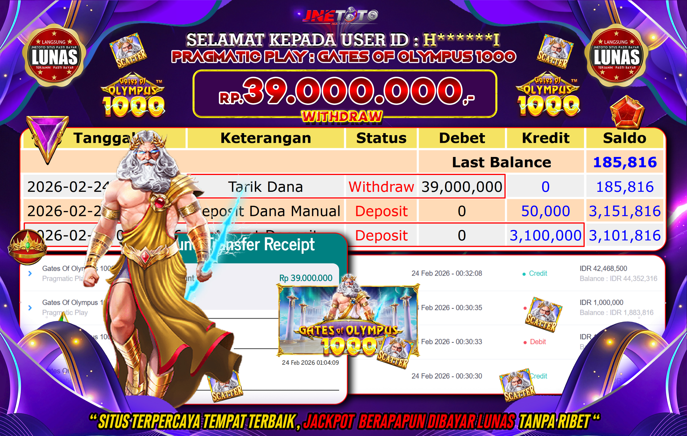 Bukti Jackpot JNETOTO di PRAGMATIC PLAY : Gates Of Olympus 1000 Rp,39.000.000 LUNAS!