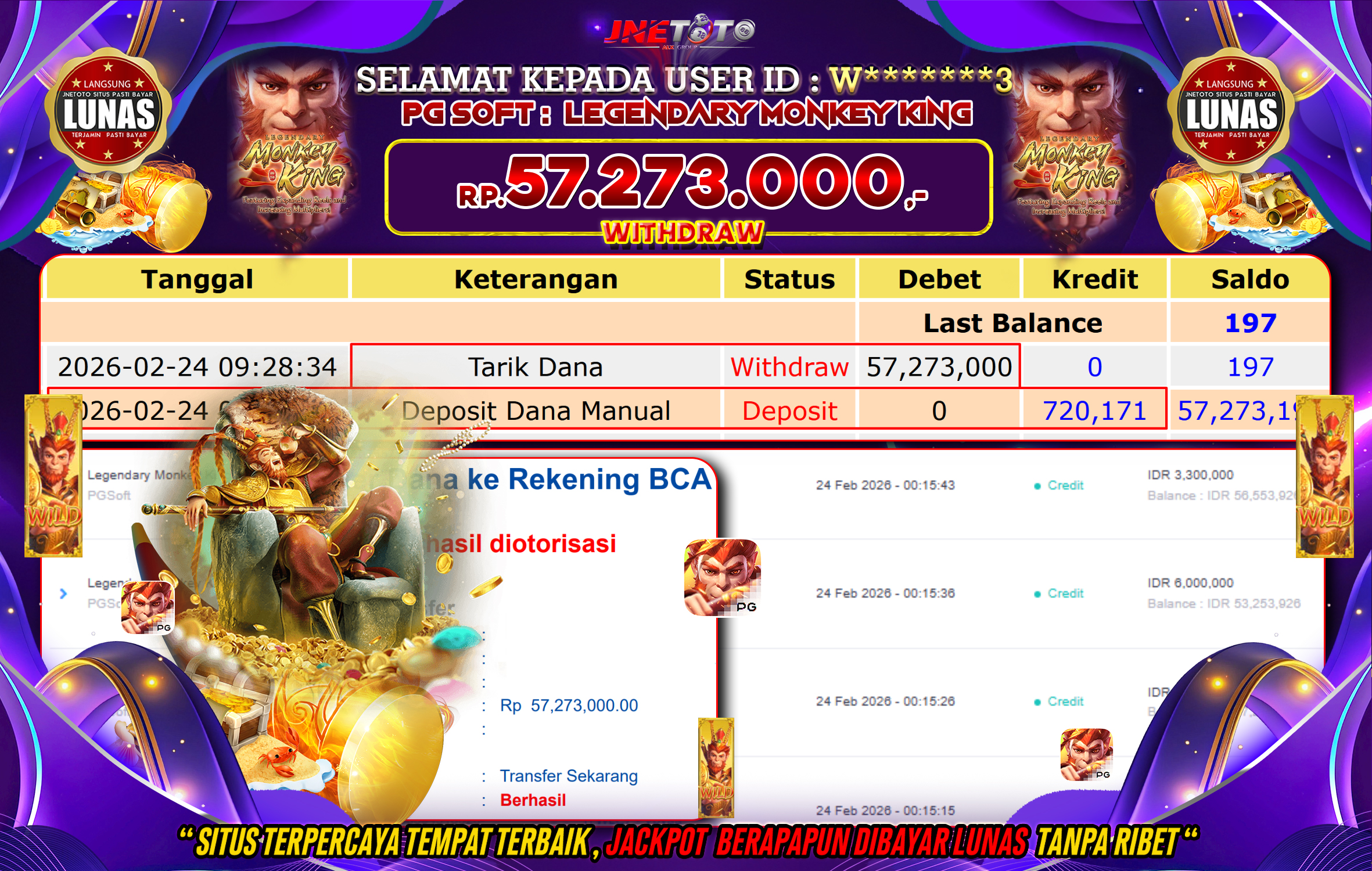 Bukti Jackpot JNETOTO di PGSOFT : Legendary Monkey King Rp,57.273.000 LUNAS!