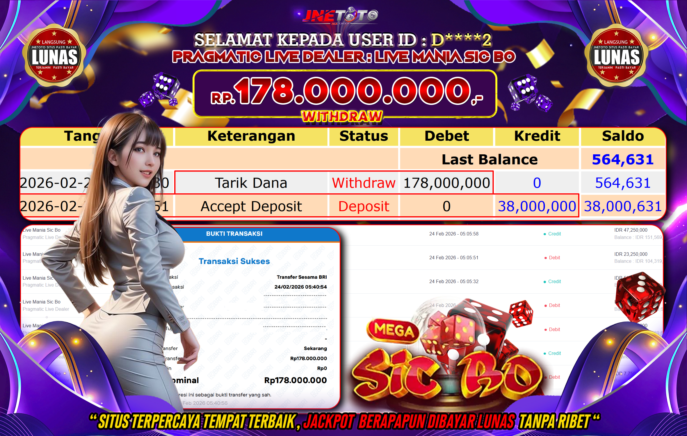 Bukti Jackpot JNETOTO di PRAGMATIC LIVE DEALER : LIve Mania Sic Bo Rp,178.000.000 LUNAS!