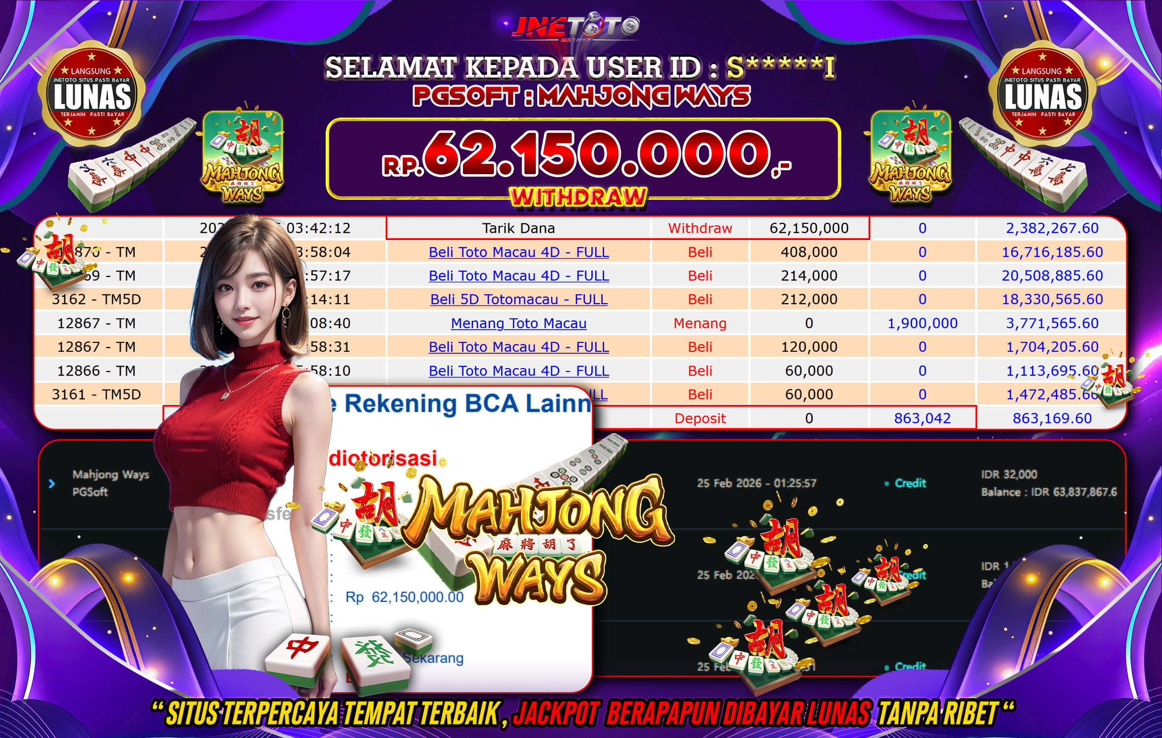 Bukti Jackpot JNETOTO di PGSOFT : Mahjong Ways  Rp,62.150.000 LUNAS!