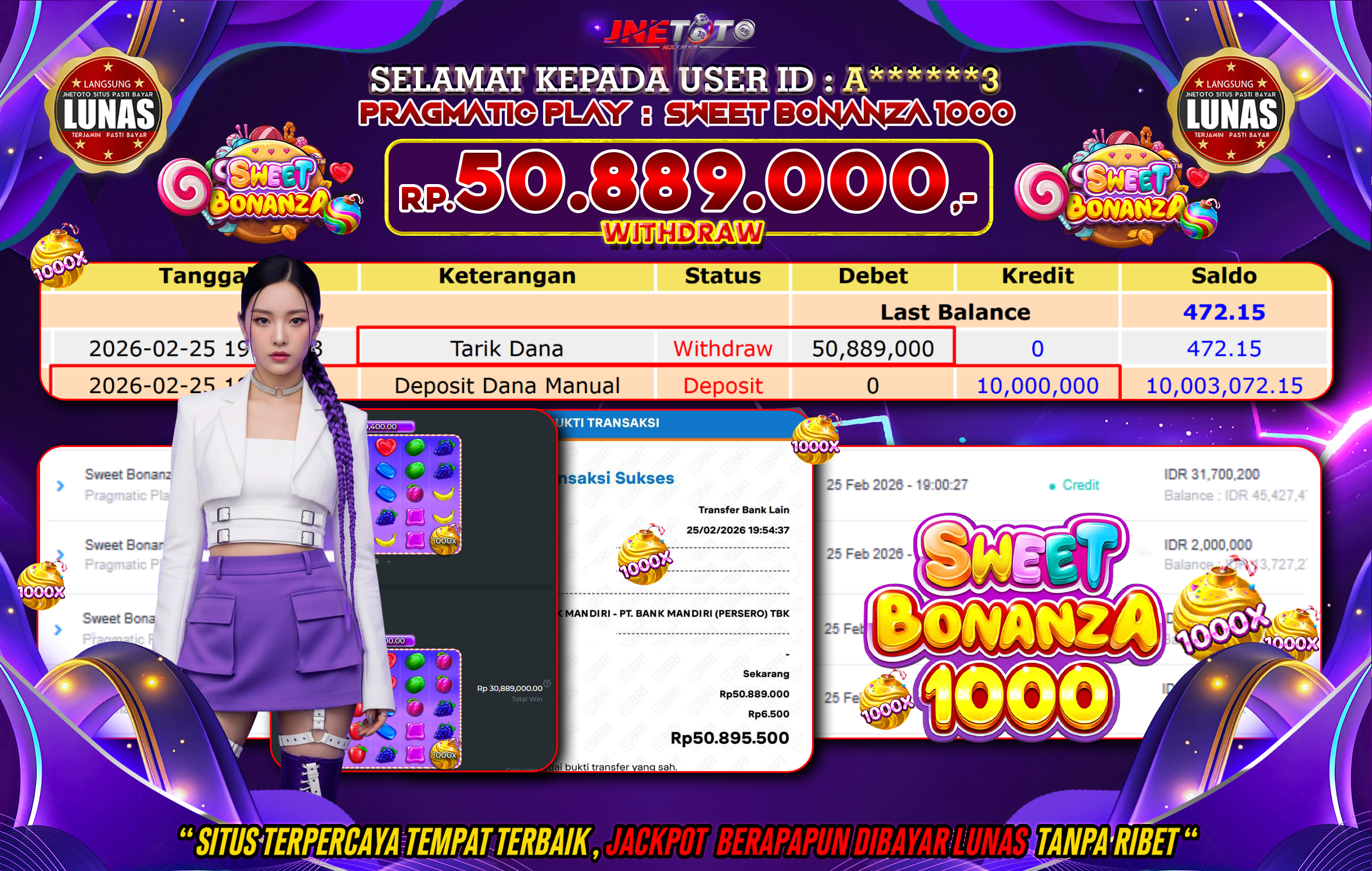 Bukti Jackpot JNETOTO di PRAGMATIC PLAY : Sweet Bonanza 1000 Rp,50.889.000 LUNAS!