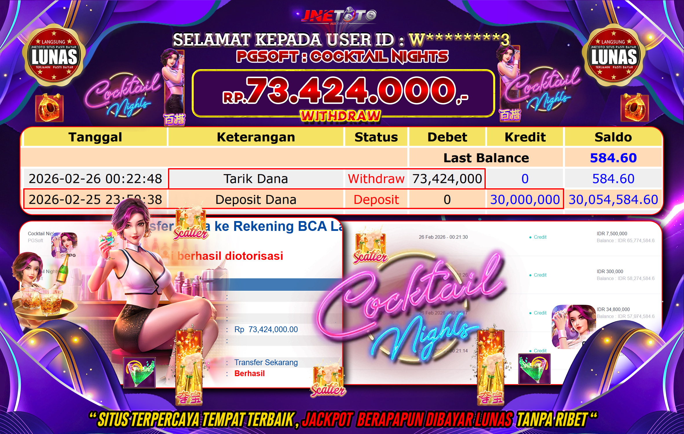 Bukti Jackpot JNETOTO di PGSOFT : Cook Tail Nights Rp,73.424.000 LUNAS!