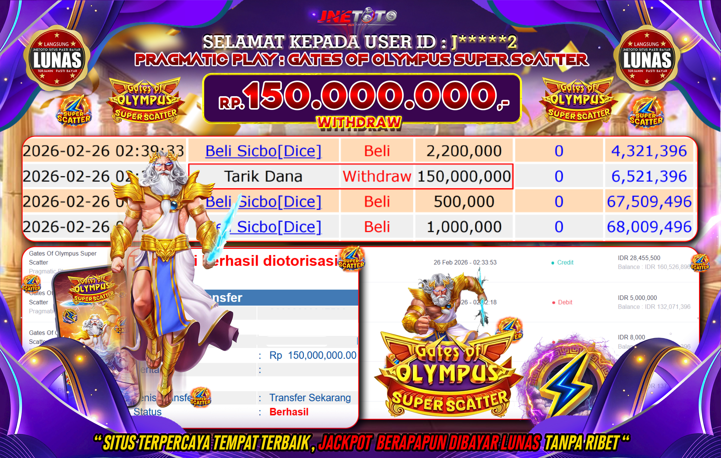Bukti Jackpot JNETOTO di PRAGMATIC PLAY : Gates Of Olympus Super Scatter Rp,150.000.000 LUNAS!