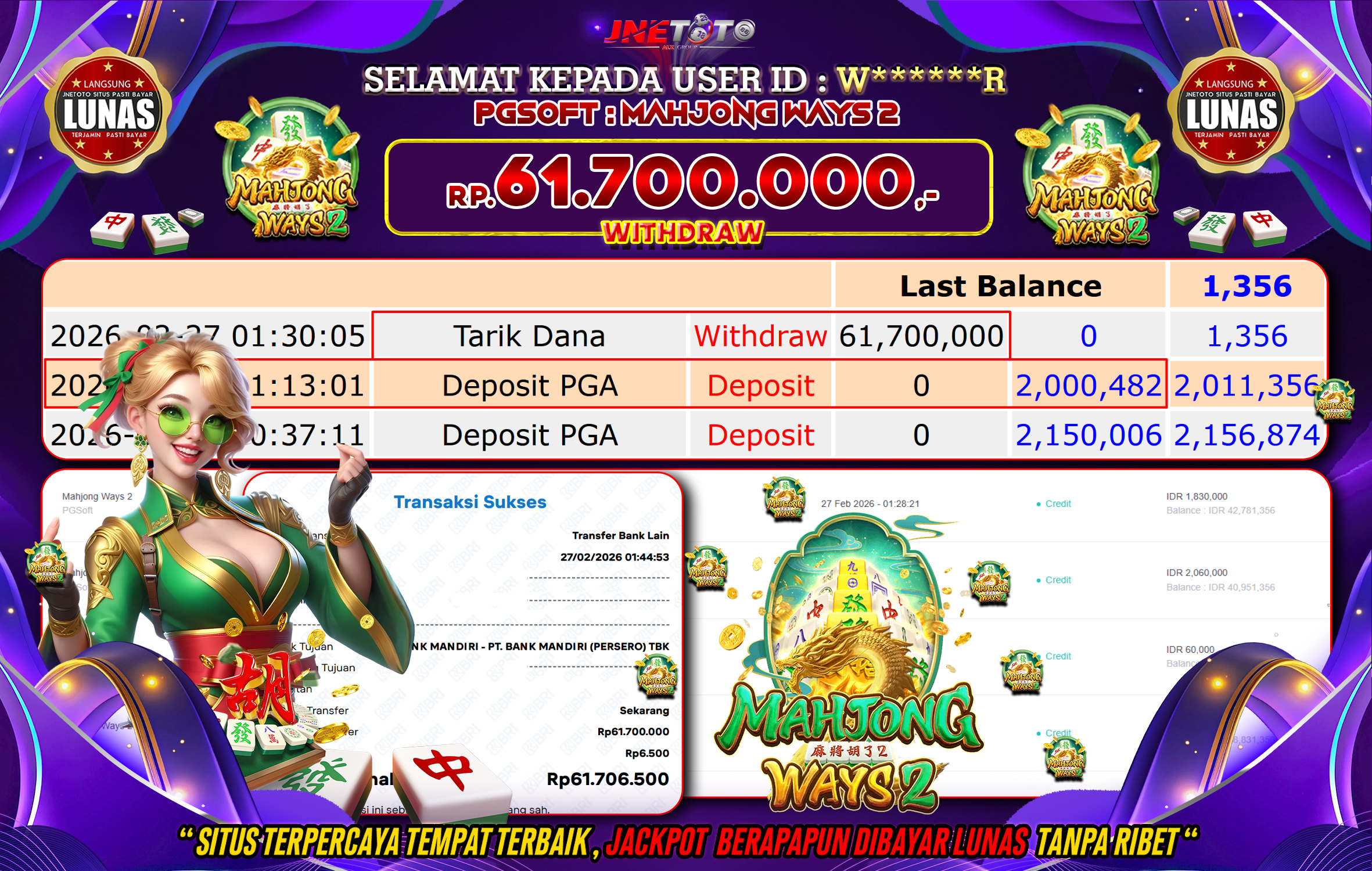 Bukti Jackpot JNETOTO di PGSOFT : Mahjong Ways 2 Rp,61.700.000 LUNAS!