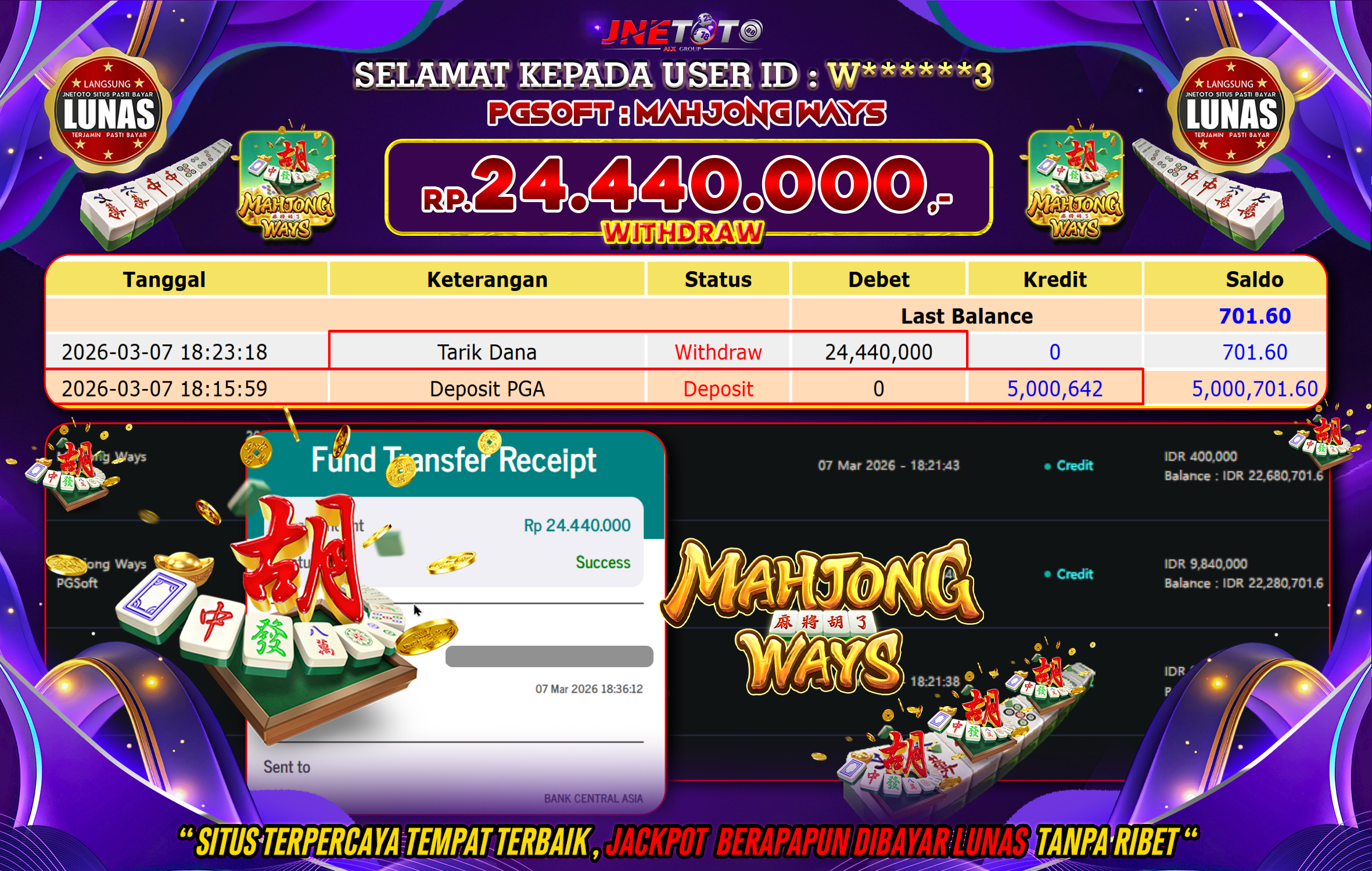 Bukti Jackpot JNETOTO di PGSOFT : Mahjong Ways Rp,24.440.000 LUNAS!