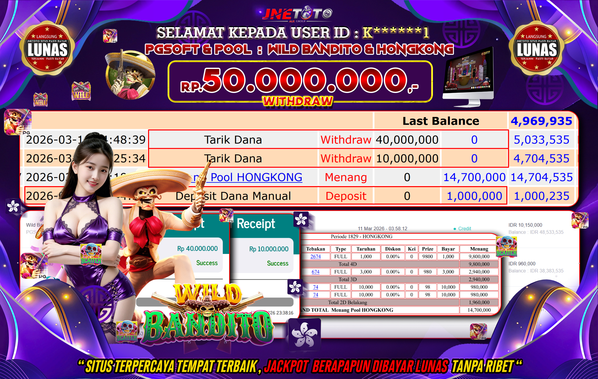 Bukti Jackpot JNETOTO di PGSOFT & POOL : Wild Bandito & HONGKONG Rp,50.000.000 LUNAS!