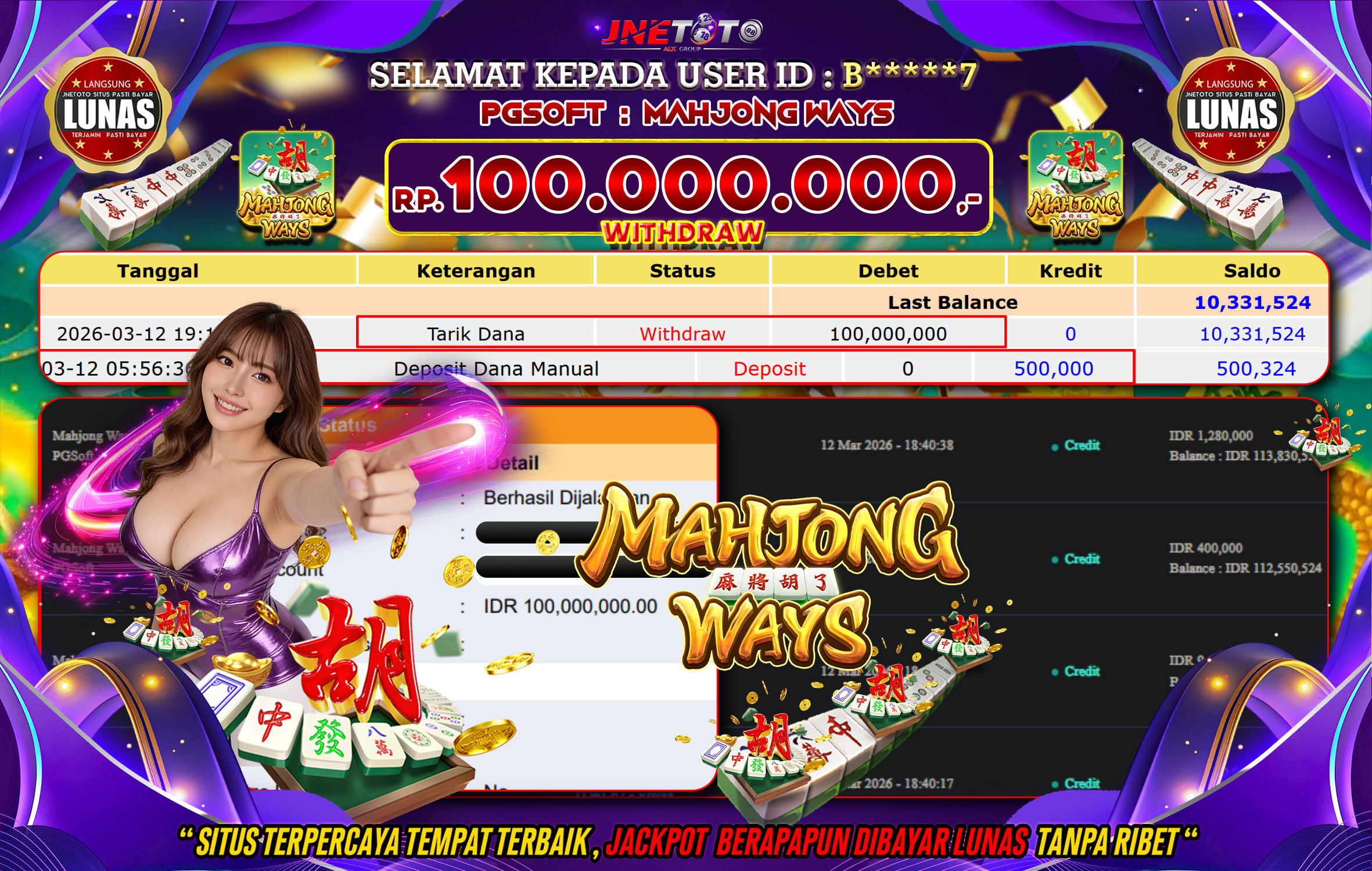 Bukti Jackpot JNETOTO di PGSOFT : Mahjong Ways Rp,100.000.000 LUNAS!