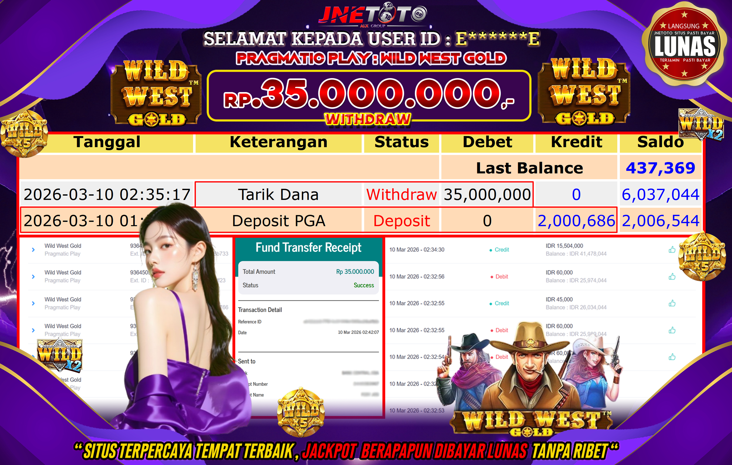 Bukti Jackpot JNETOTO di PRAGMATIC PLAY : Wild West Gold Rp,35.000.000 LUNAS!