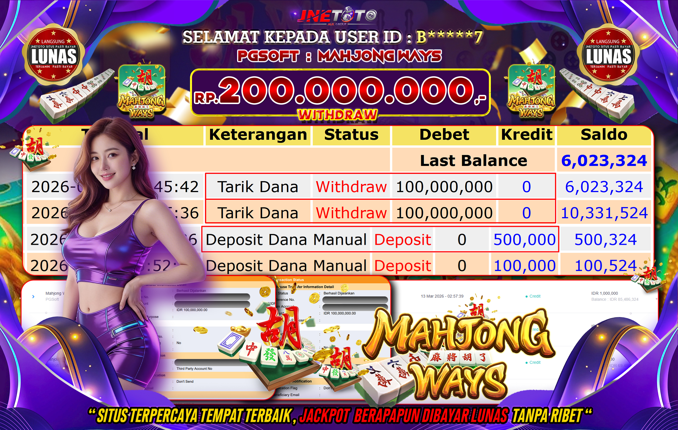 Bukti Jackpot JNETOTO di PGSOFT : Mahjong Ways Rp,200.000.000 LUNAS!