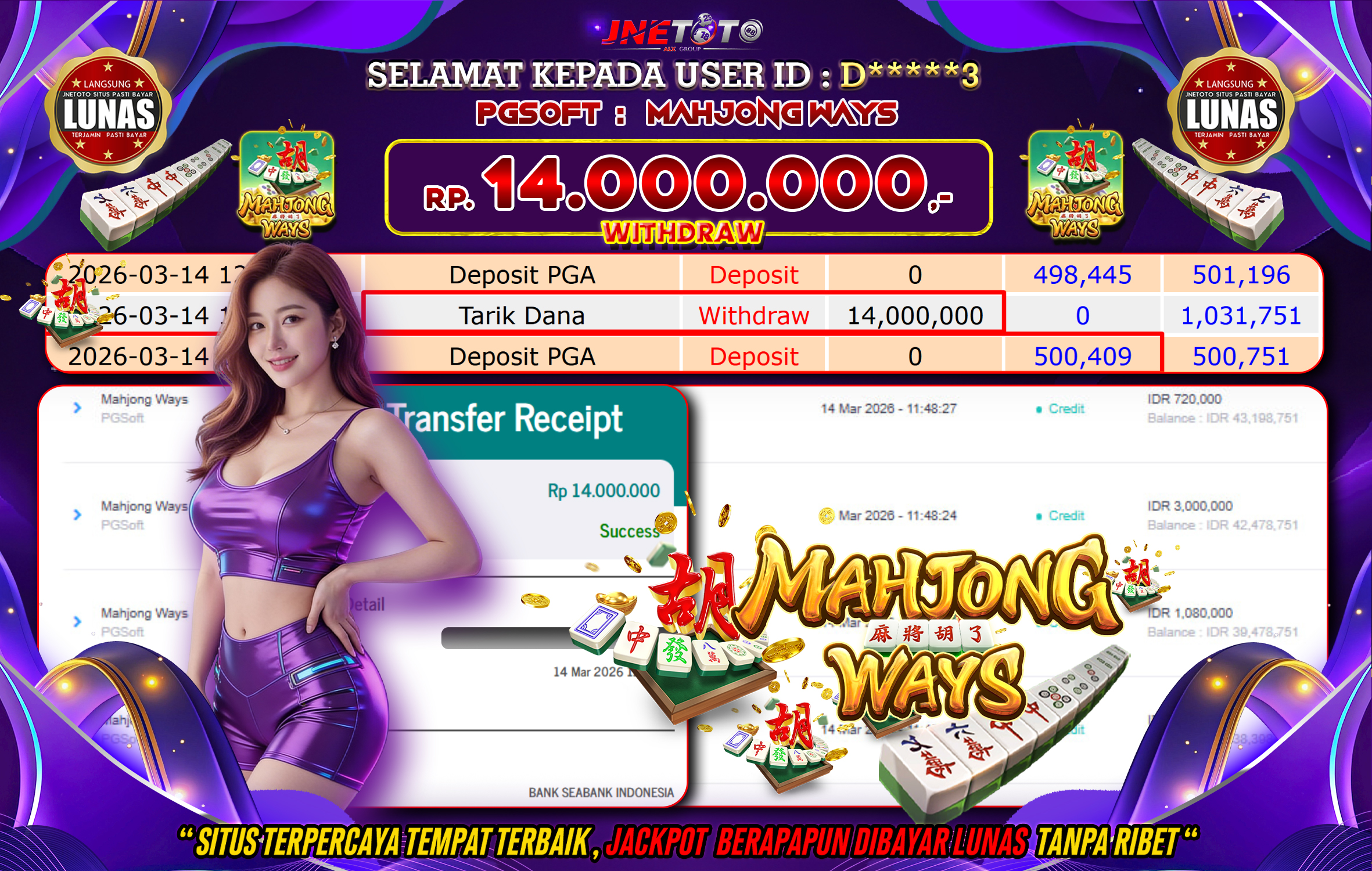 Bukti Jackpot JNETOTO di PGSOFT : Mahjong Ways Rp,14.000.000 LUNAS!