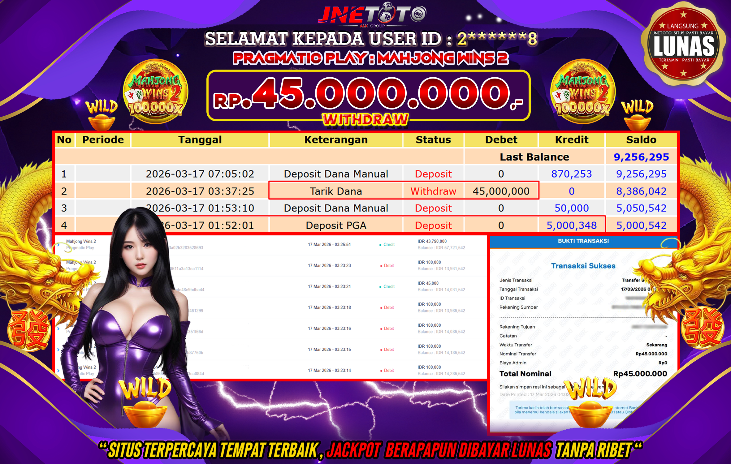 Bukti Jackpot JNETOTO di PRAGMATIC PLAY : Mahjong Wins 2  Rp,45.000.000 LUNAS!