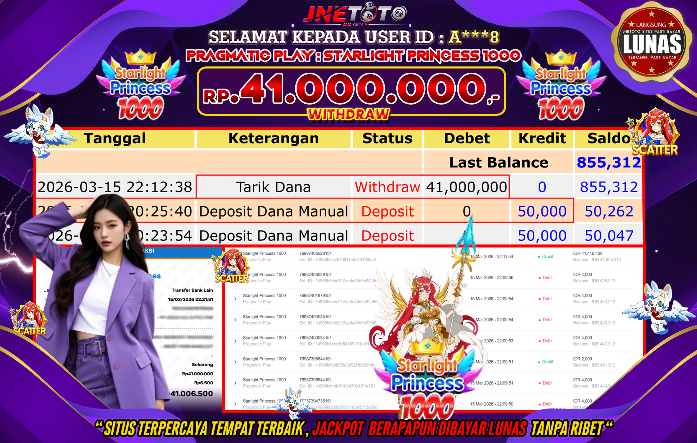 Bukti Jackpot JNETOTO di PRAGMATIC PLAY : Starlight Princess 1000  Rp,41.000.000 LUNAS!