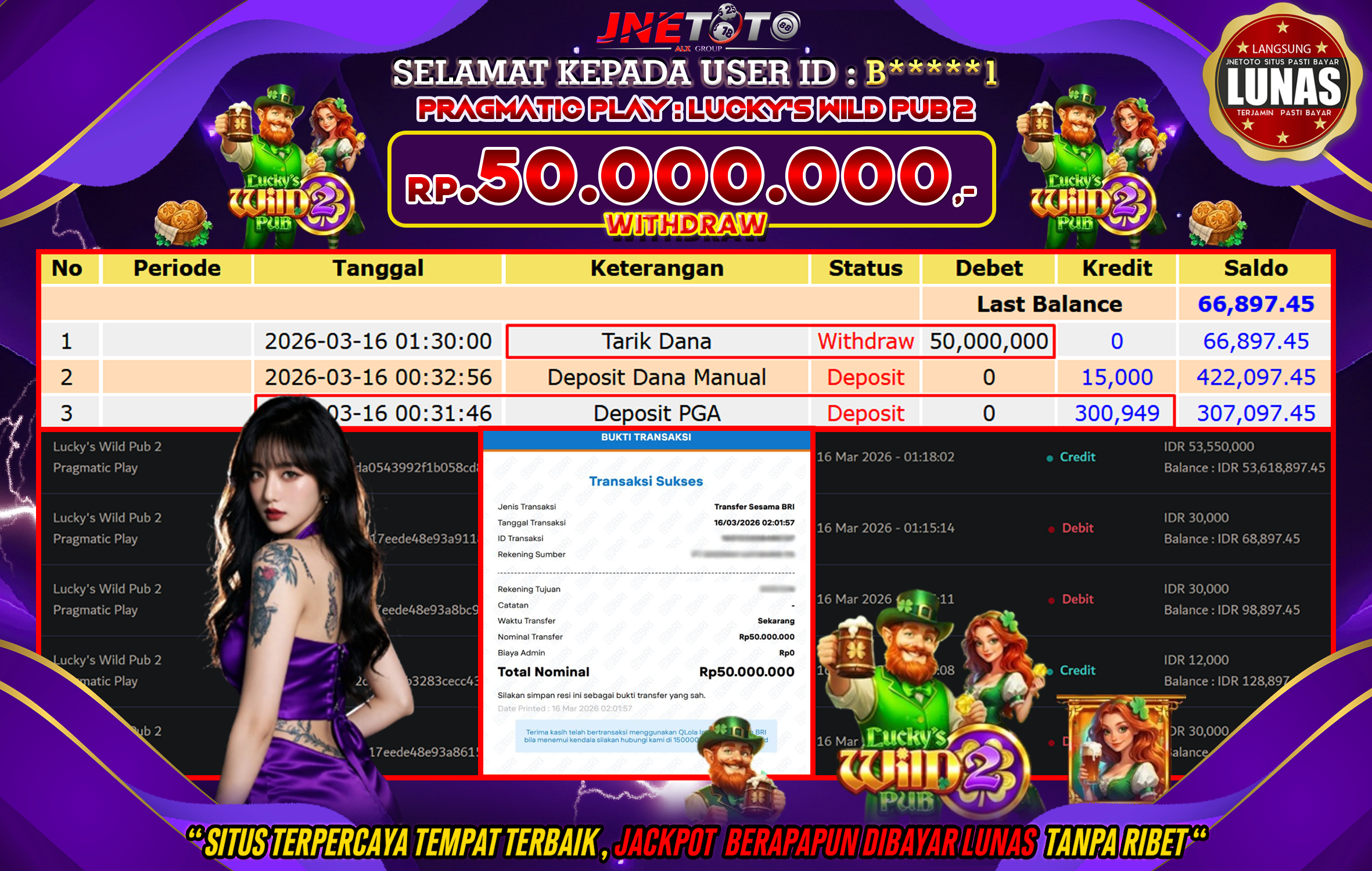 Bukti Jackpot JNETOTO di PRAGMATIC PLAY : Luckys Wild Fub 2  Rp,50.000.000 LUNAS!