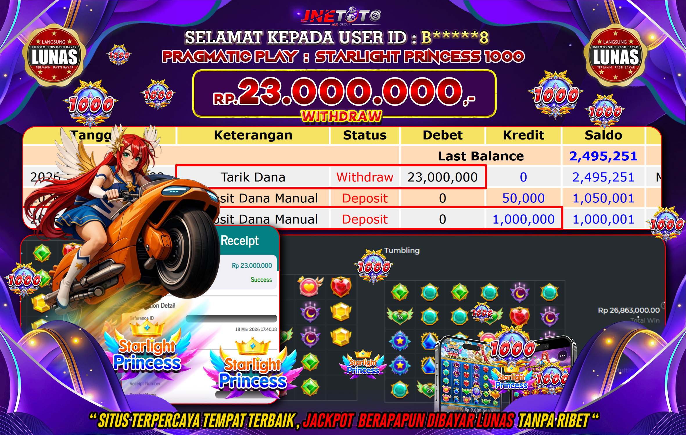 Bukti Jackpot JNETOTO di PRAGMATIC PLAY : Starlight Princess 1000  Rp,23.000.000 LUNAS!