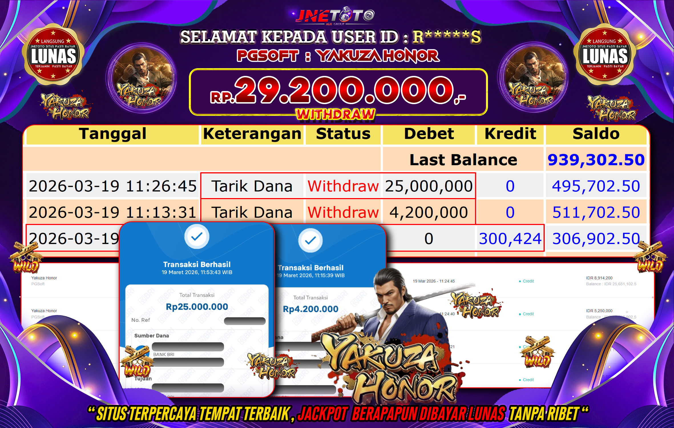 Bukti Jackpot JNETOTO di PGSOFT : Yakuza Honor  Rp,29.200.000 LUNAS!
