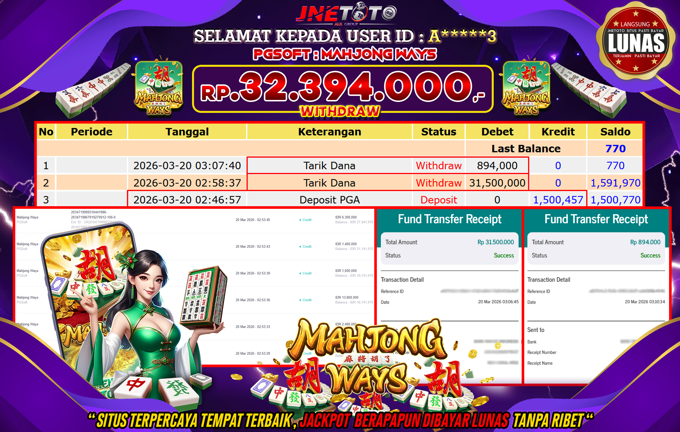 Bukti Jackpot JNETOTO di PGSOFT : Mahjong Ways  Rp,32.394.000 LUNAS!