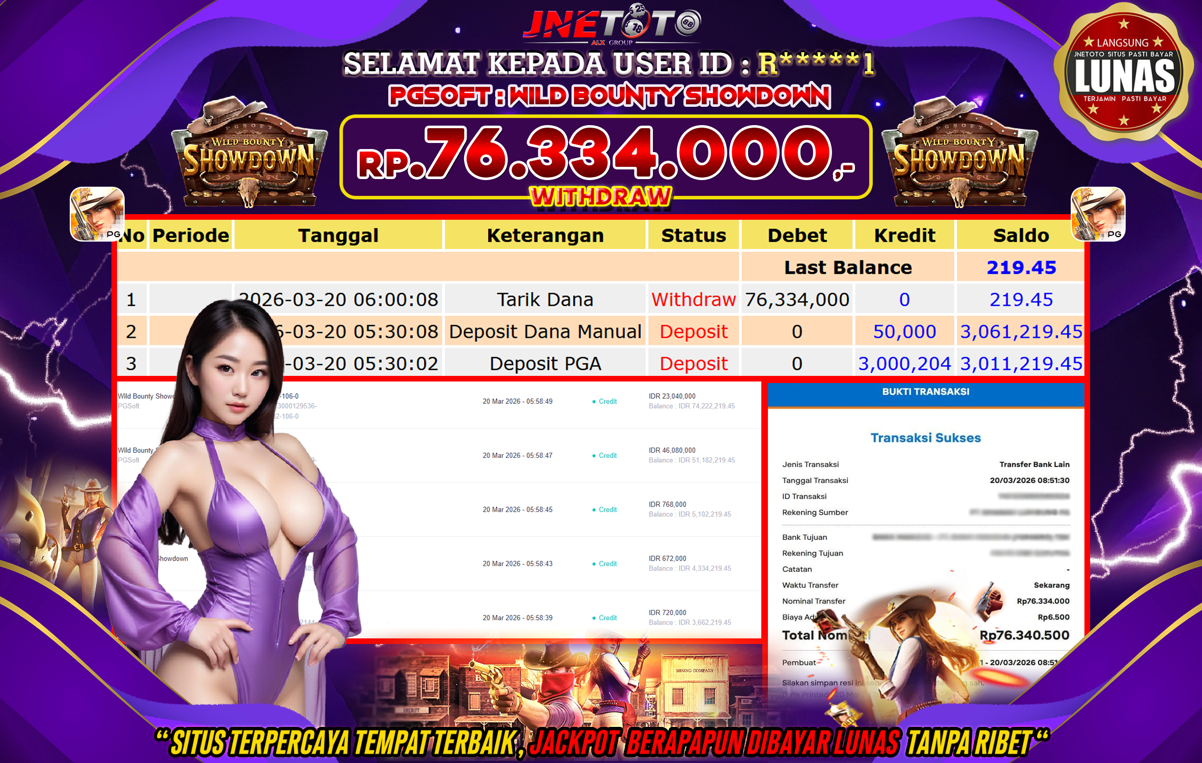 Bukti Jackpot JNETOTO di PGSOFT : Wild Bounty Showdown  Rp,76.334.000 LUNAS!