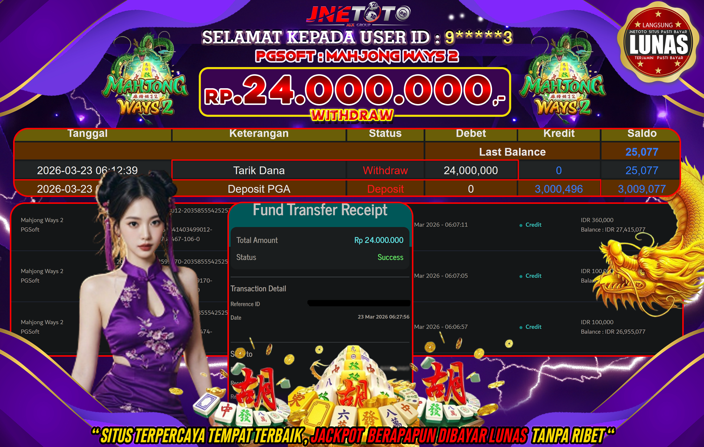 Bukti Jackpot JNETOTO di PGSOFT : Mahjong Ways 2  Rp,24.000.000 LUNAS!
