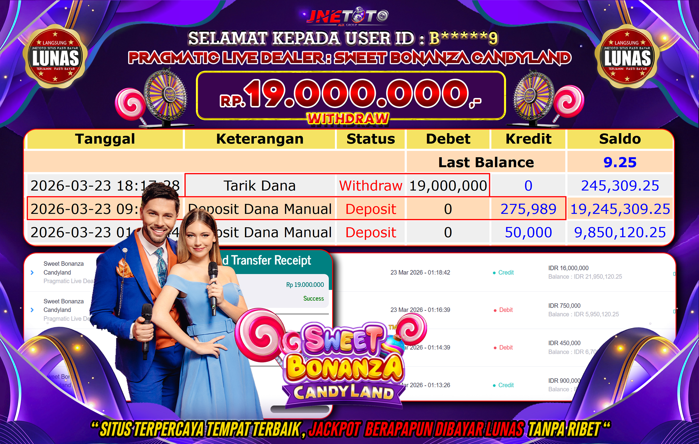 Bukti Jackpot JNETOTO di PRAGMATIC LIVE DEALER : Sweet Bonanza CandyLand Rp,19.000.000 LUNAS!