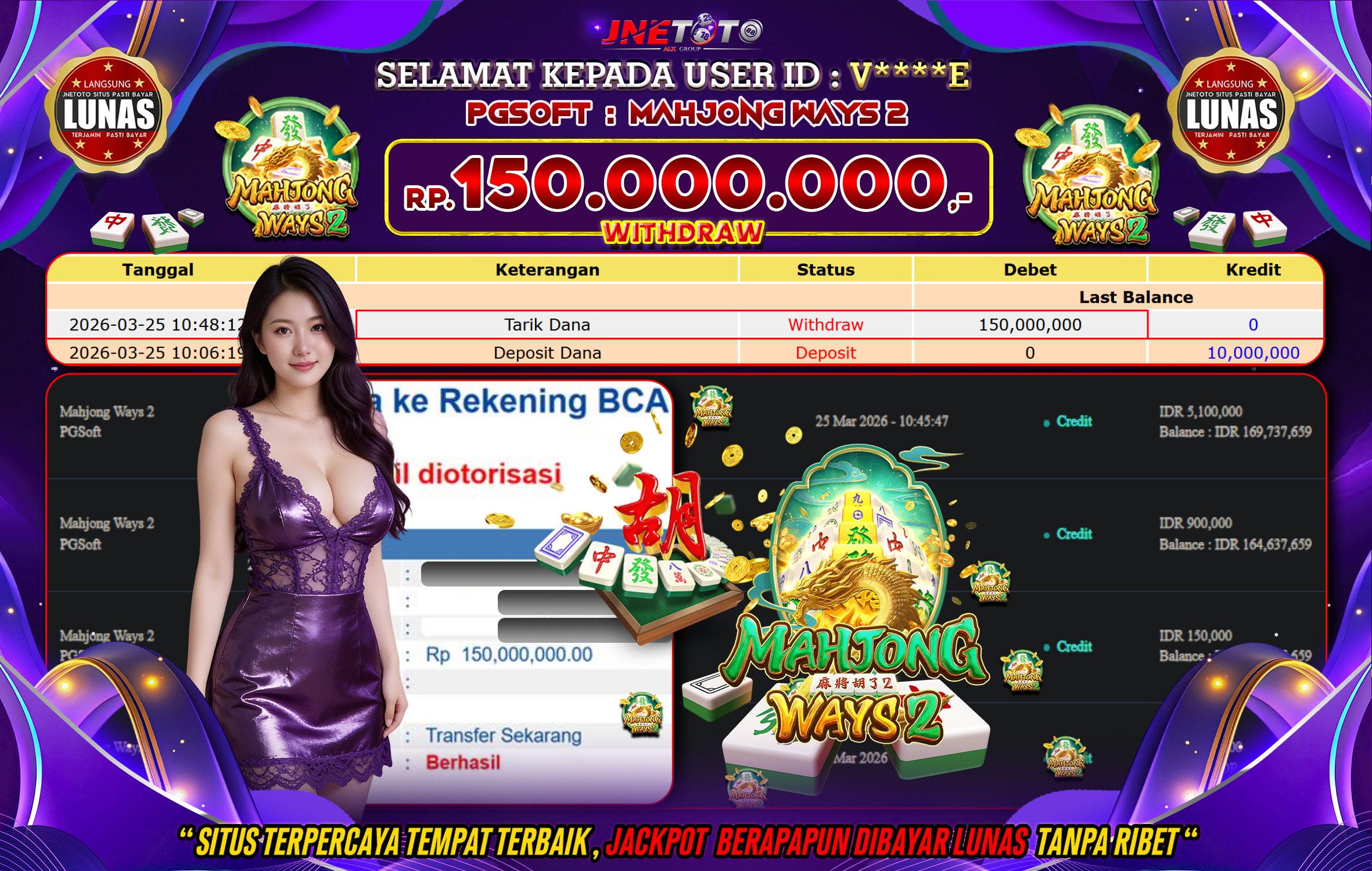 Bukti Jackpot JNETOTO di PGSOFT : Mahjong Ways 2 Rp,150.000.000 LUNAS!